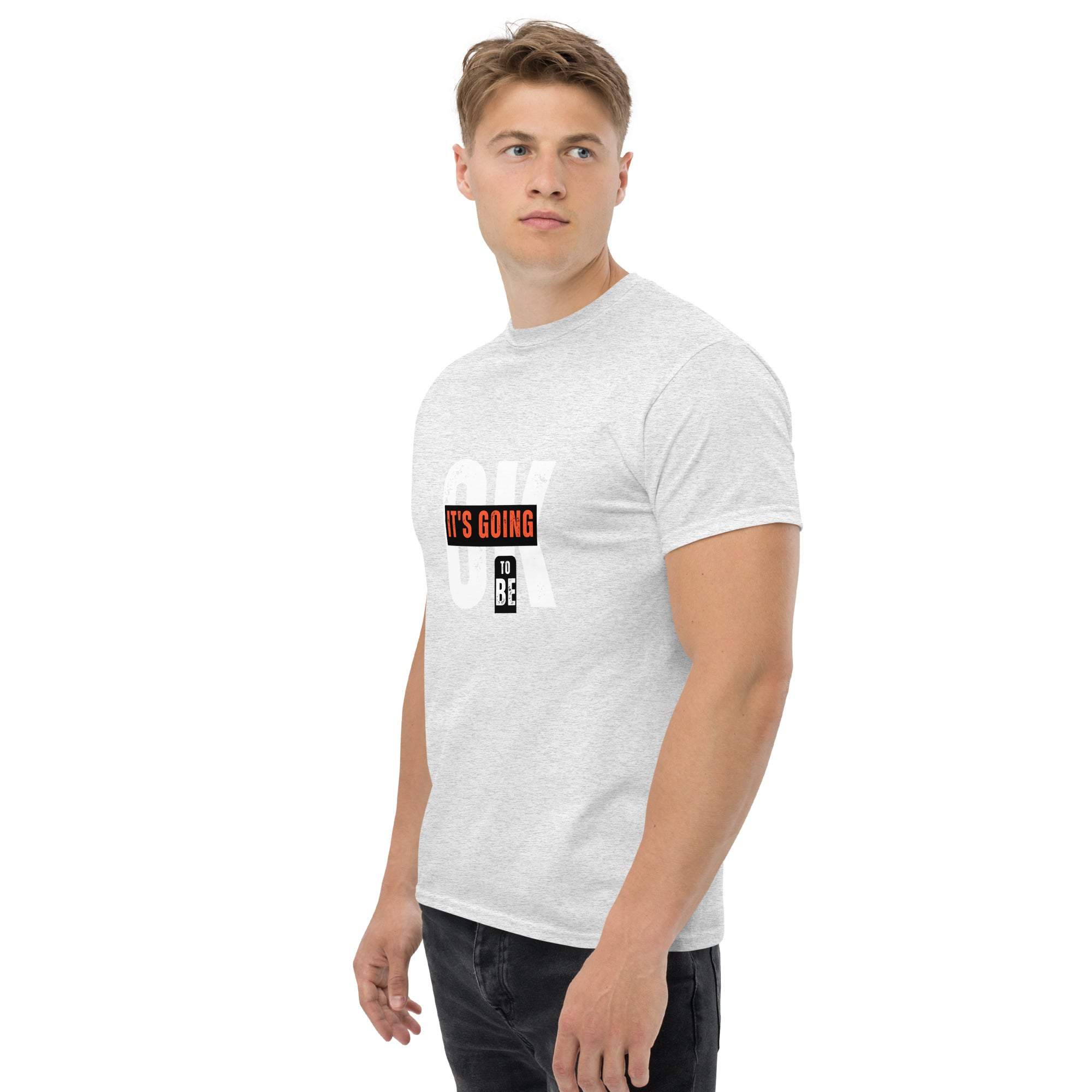 Man wearing Trendy Graphic T-Shirt with motivational quote in casual streetwear style