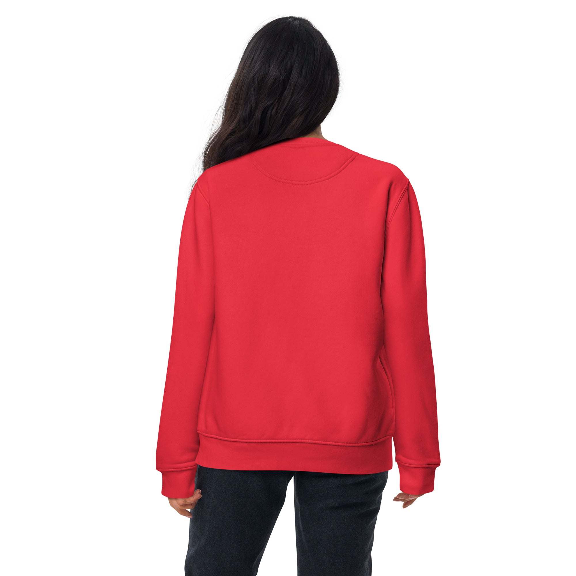 Back view of a person wearing a red "Just Text Me" sweatshirt, casual unisex crewneck style, comfortable and cozy pullover.