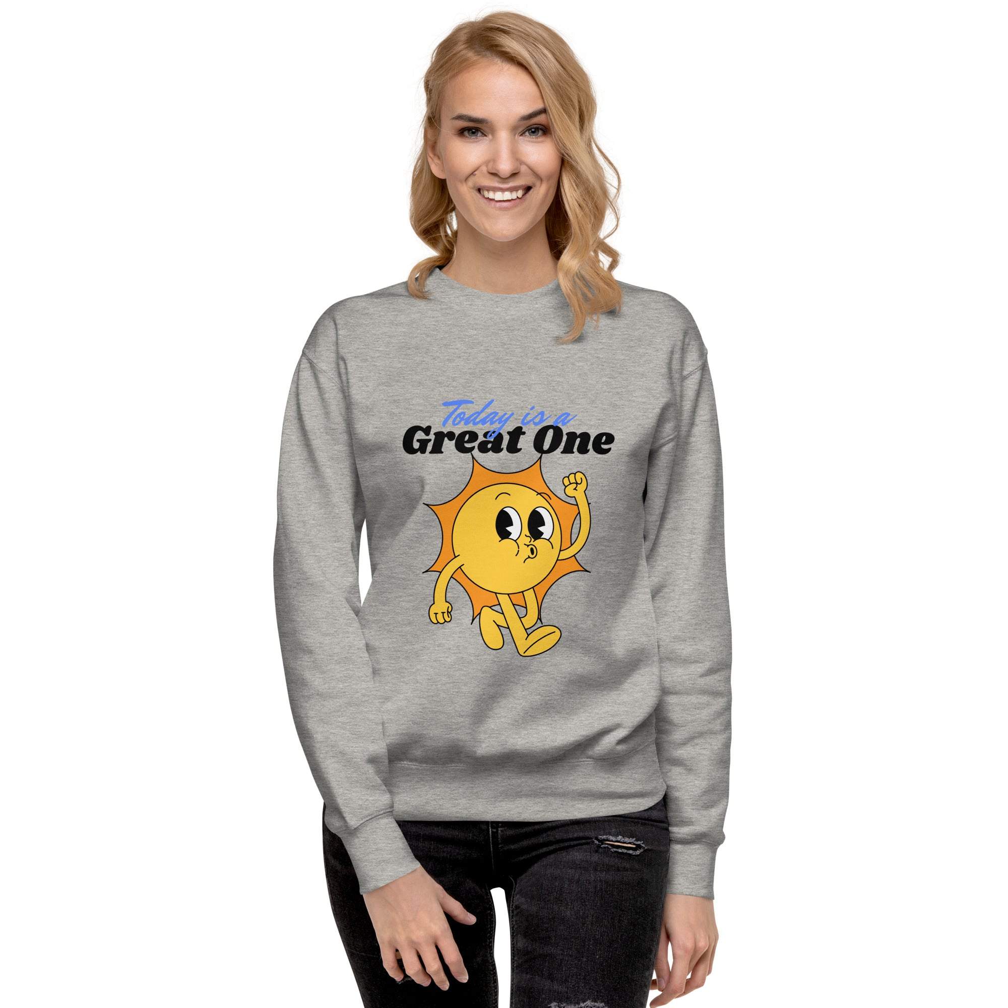 Woman wearing gray Positive Sun Sweatshirt with cheerful sun graphic and motivational "Today is a Great One" text