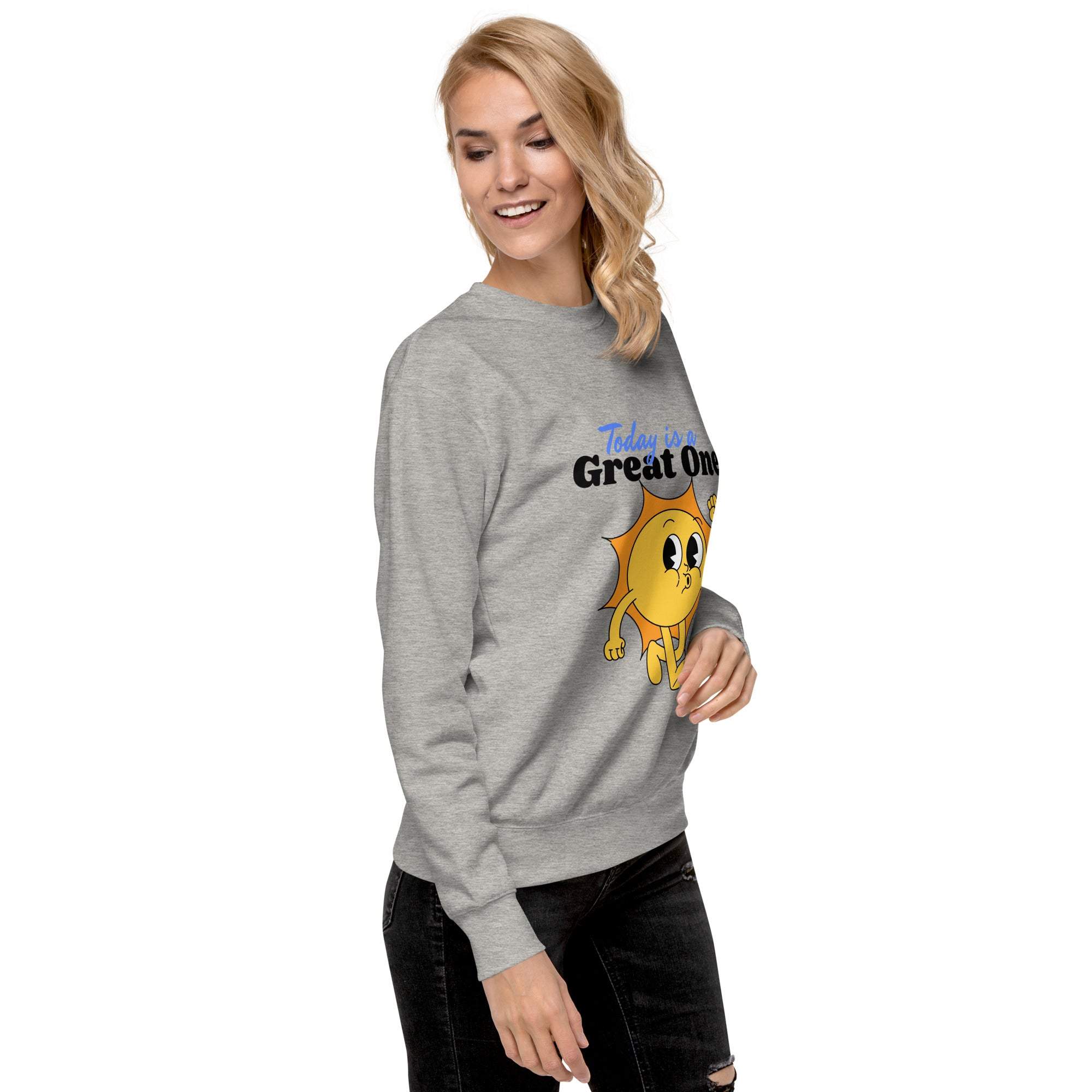 Woman wearing grey Positive Sun Sweatshirt with cheerful sun graphic and motivational text