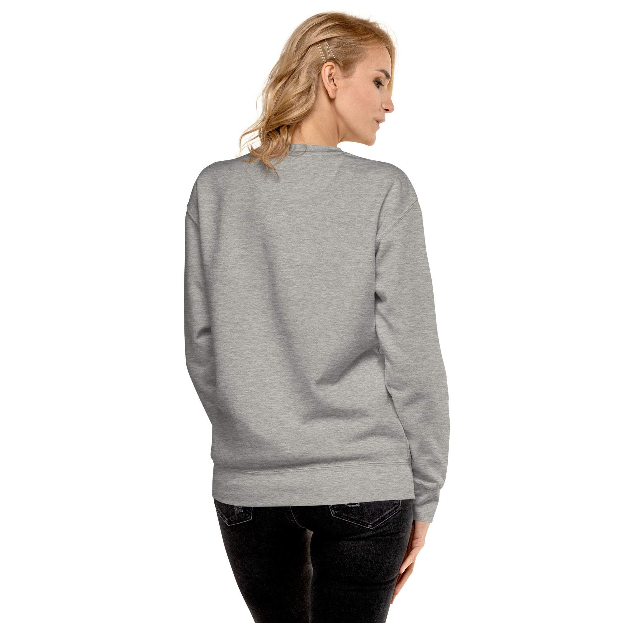woman wearing gray Positive Sun Sweatshirt with crewneck and long sleeves, back view