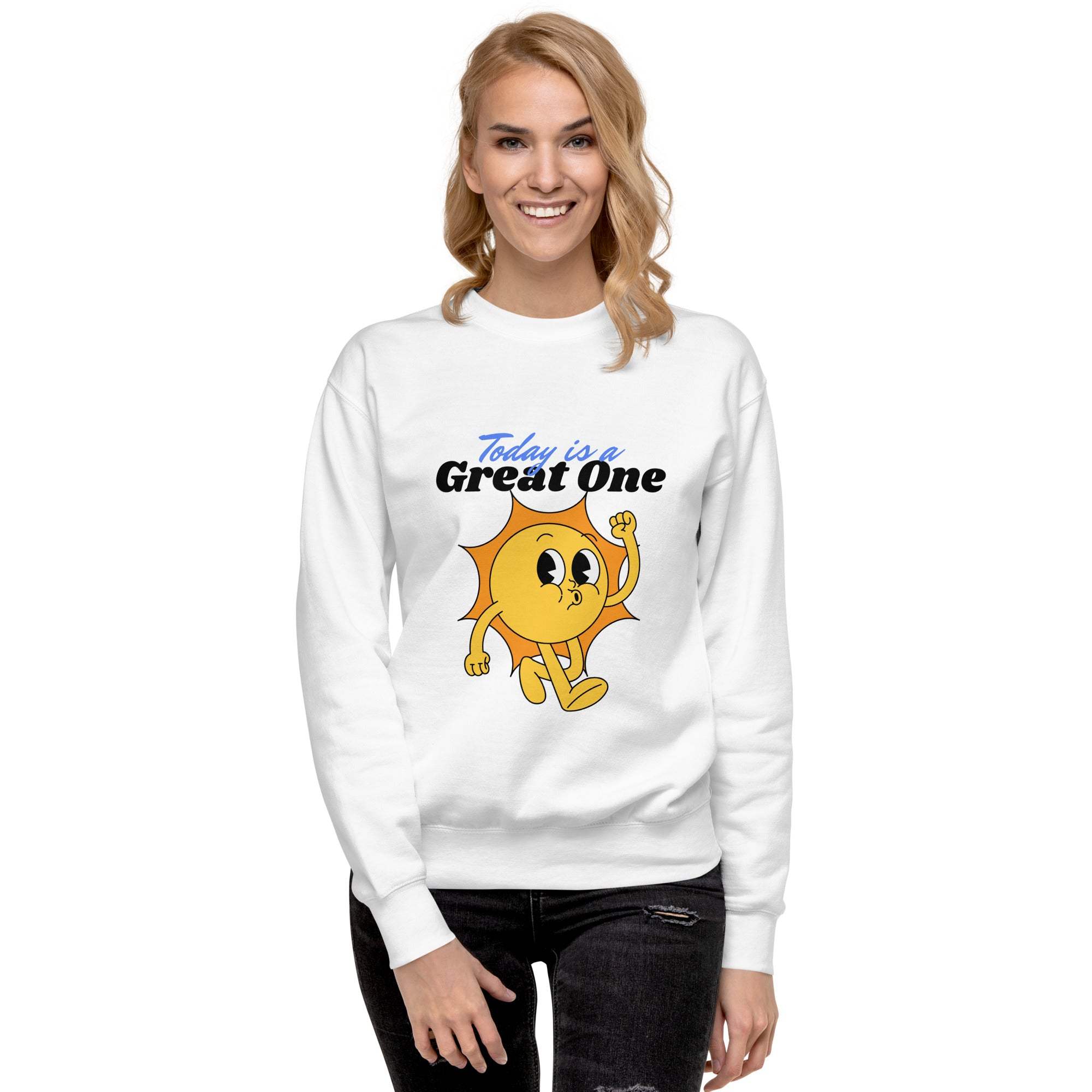 Woman wearing white Positive Sun Sweatshirt with cheerful sun graphic and motivational text "Today is a Great One"
