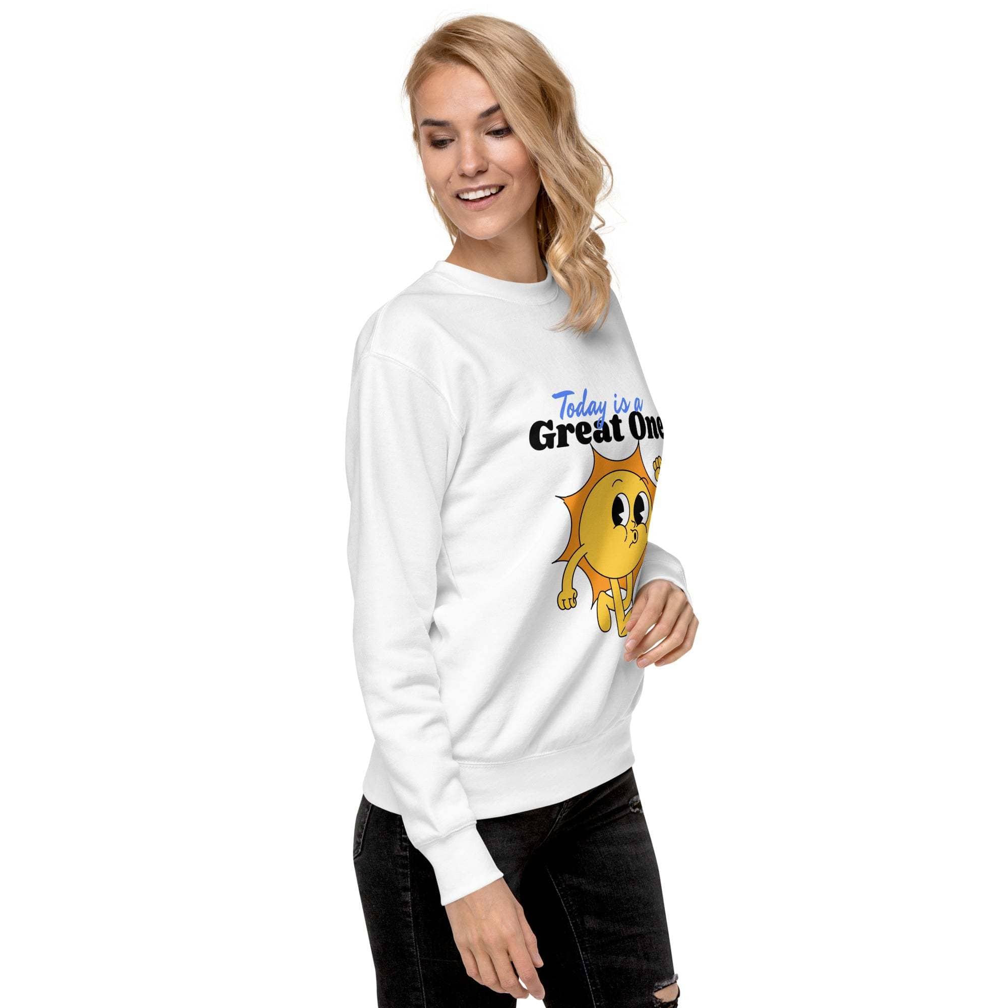 Woman wearing white Positive Sun Sweatshirt with cheerful sun graphic and motivational text, casual unisex crewneck sweater.