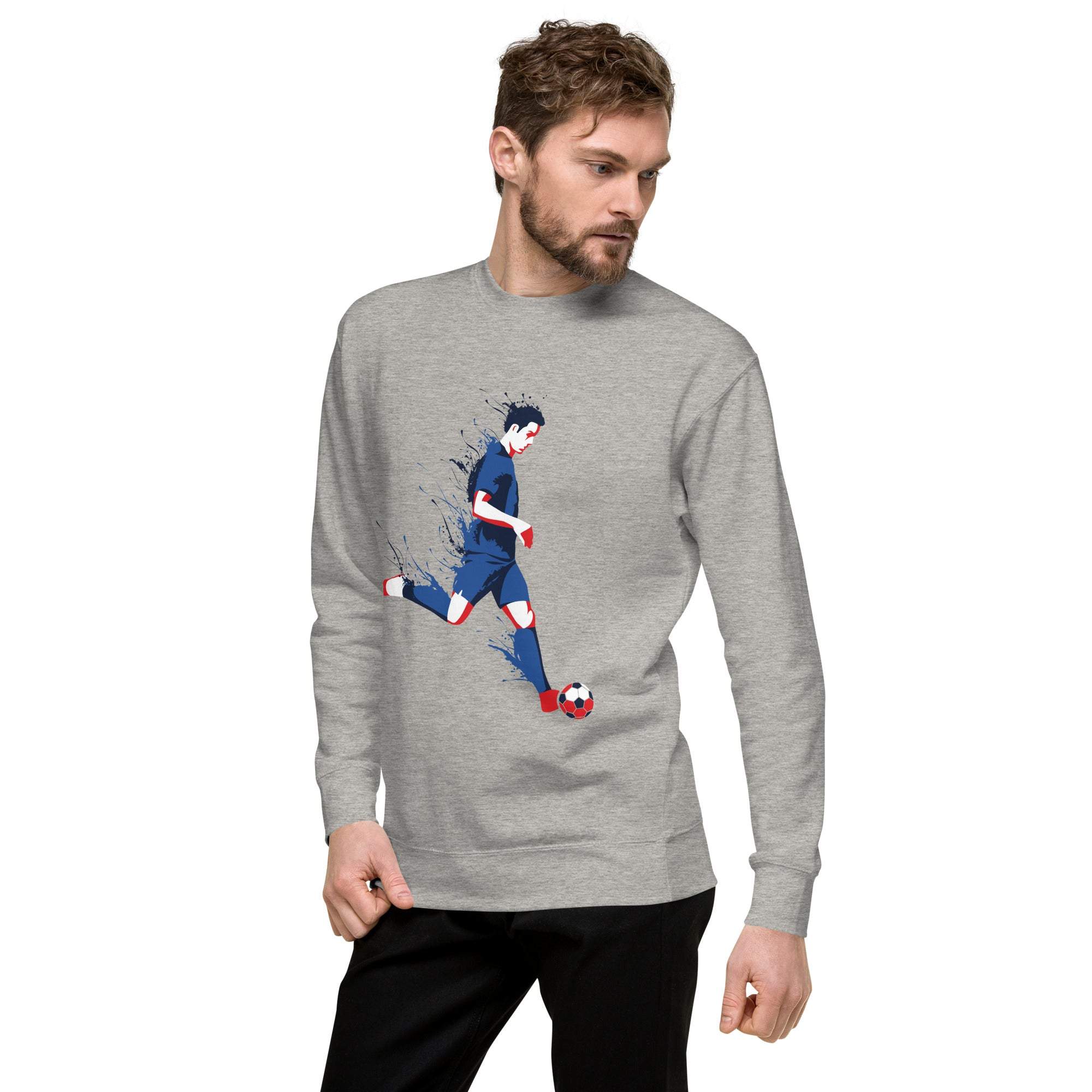 Man wearing gray Soccer Player Sweatshirt with a dynamic soccer player graphic on front