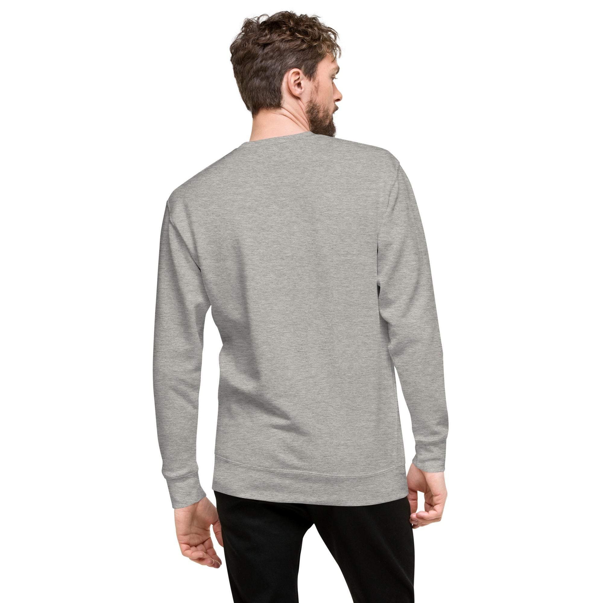 Back view of man wearing plain grey Soccer Player Sweatshirt with long sleeves and crewneck style