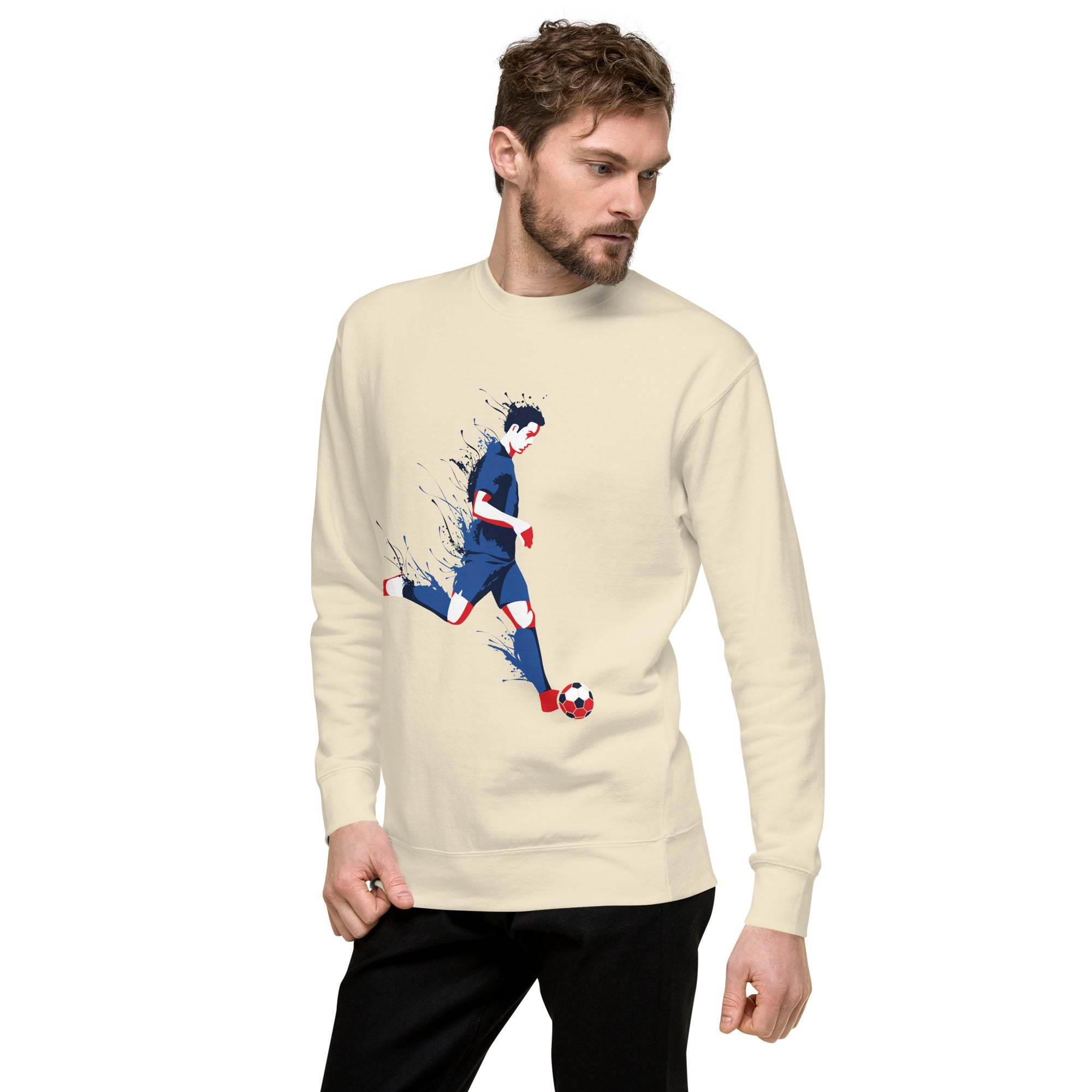Men's beige Soccer Player Sweatshirt with dynamic soccer player graphic, cozy athletic crewneck design