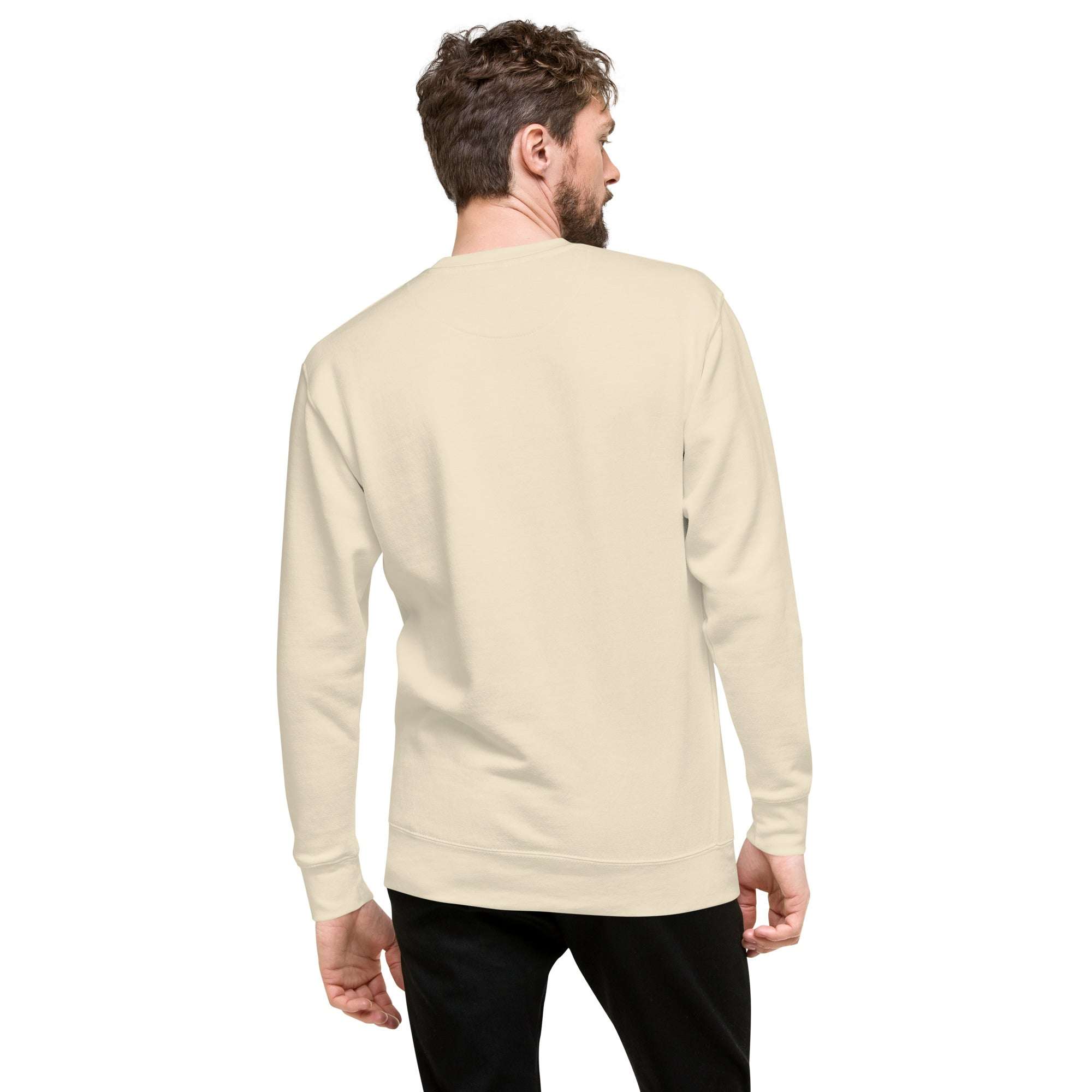 Back view of beige Soccer Player Sweatshirt worn by male model, showcasing soft fabric and athletic crewneck design