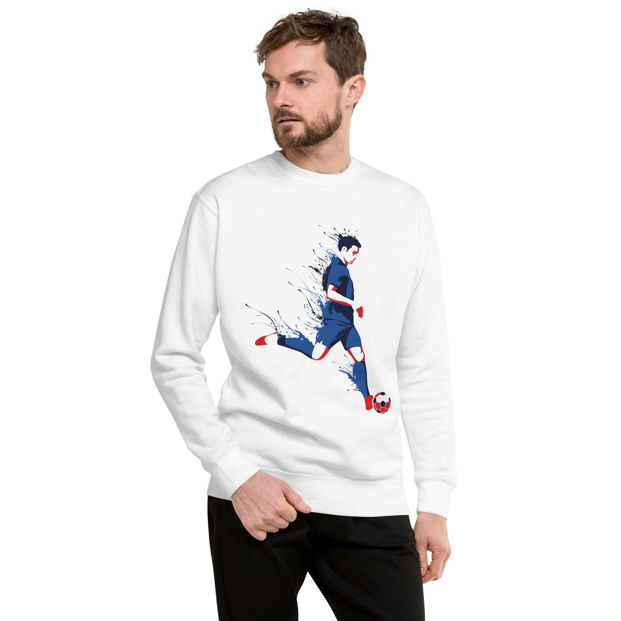 White soccer player sweatshirt with dynamic soccer graphic worn by male model