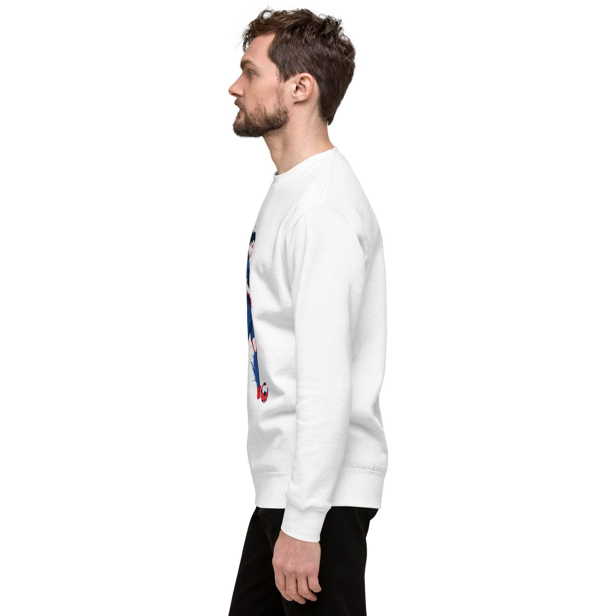 Side view of man wearing white Soccer Player Sweatshirt with sports graphic and crewneck design