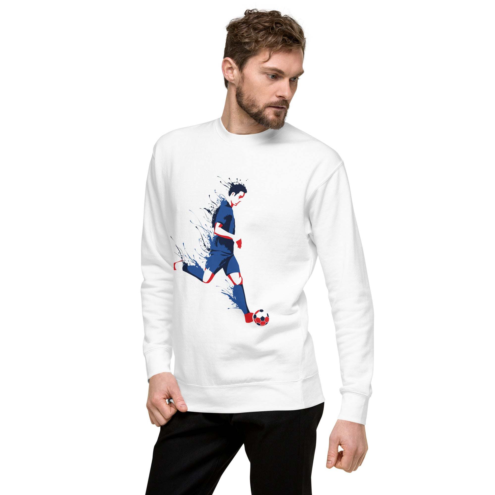 Man wearing white Soccer Player Sweatshirt with blue and red soccer graphic