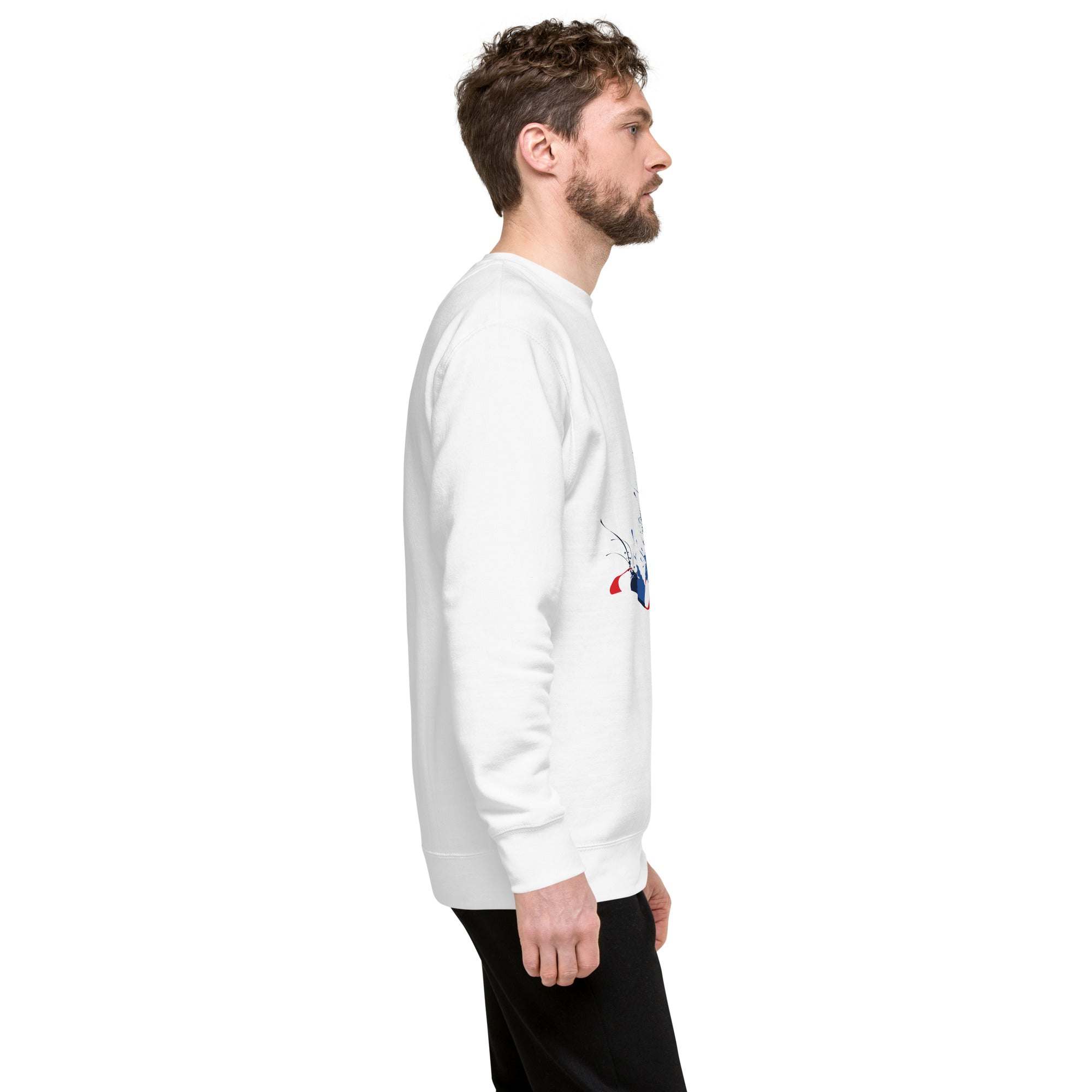 Side view of man wearing white soccer player sweatshirt with graphic design