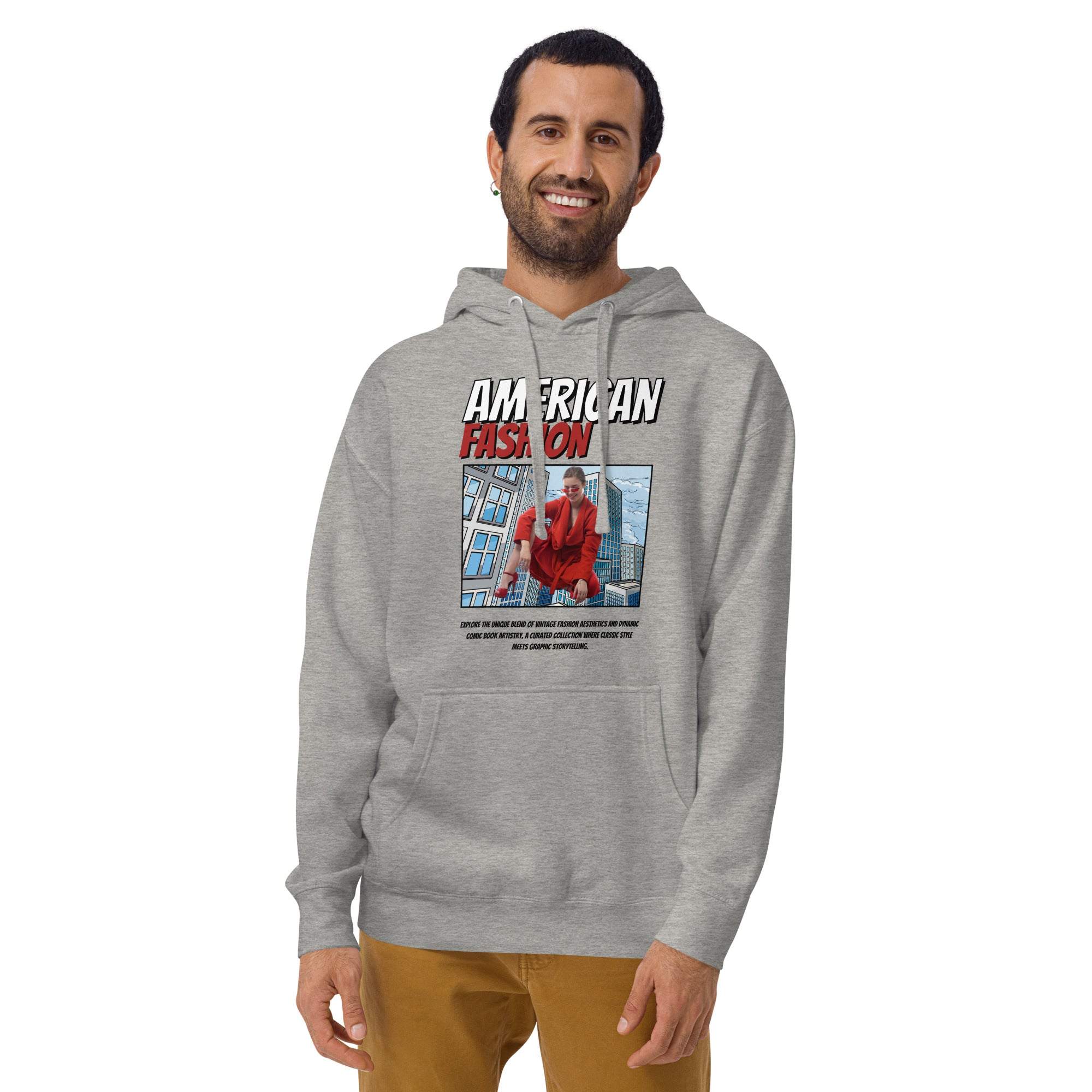 Man wearing grey American Fashion Hoodie with urban graphic print, casual streetwear pullover