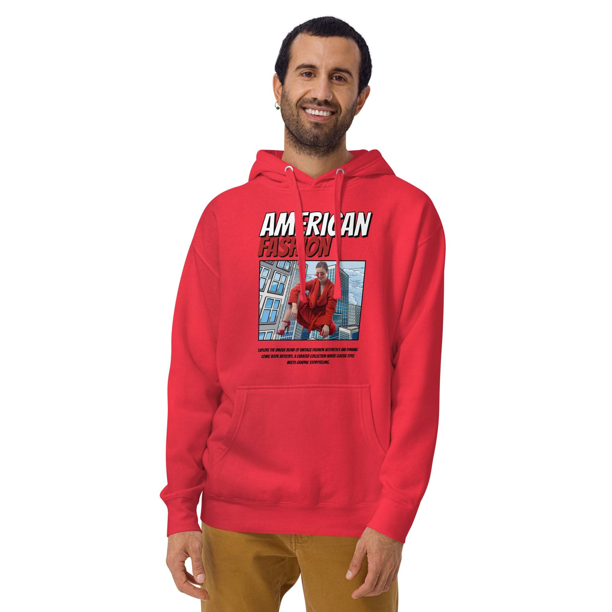 Man wearing red American Fashion Hoodie with urban graphic print and streetwear style