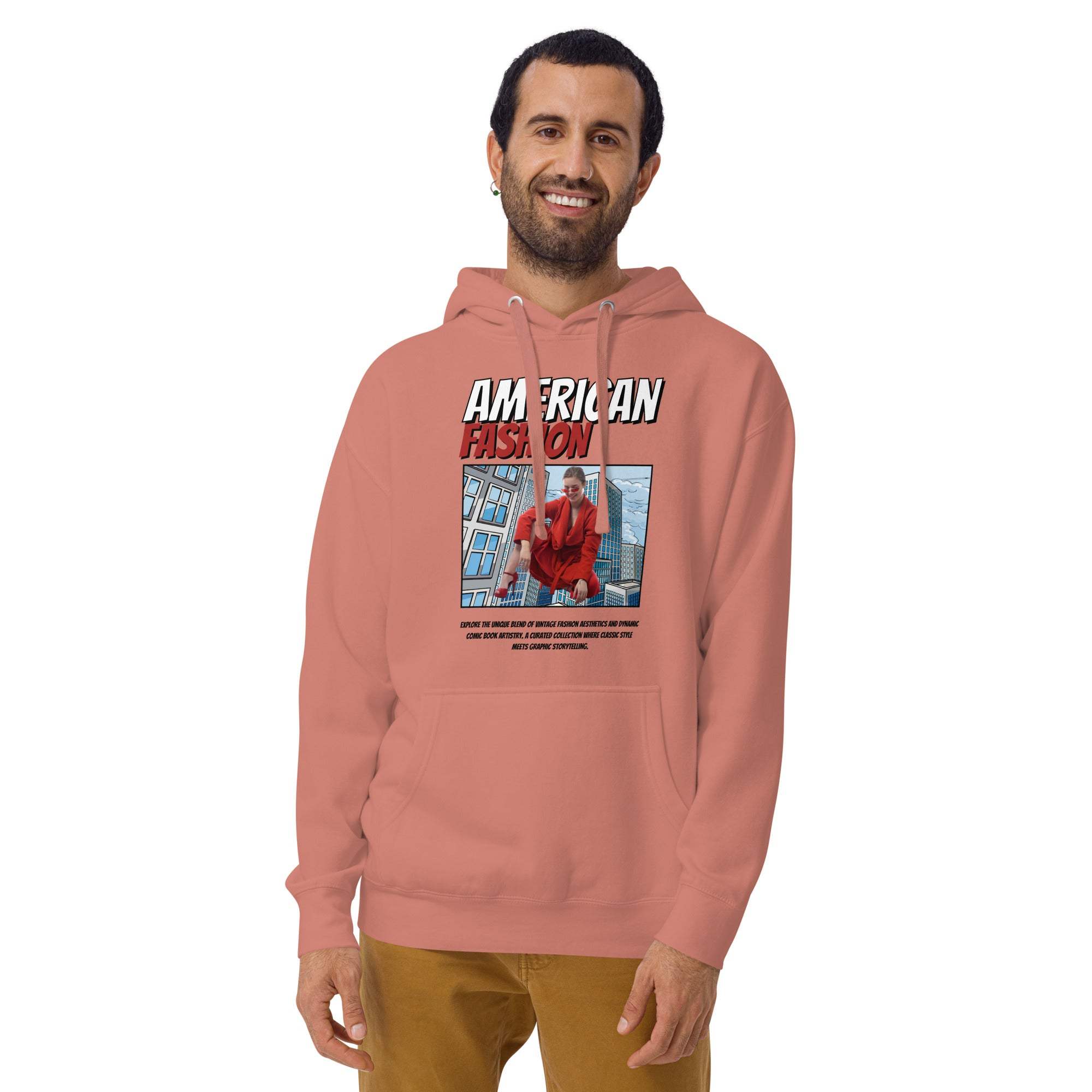 Man wearing vintage American fashion hoodie with urban graphic print and streetwear design