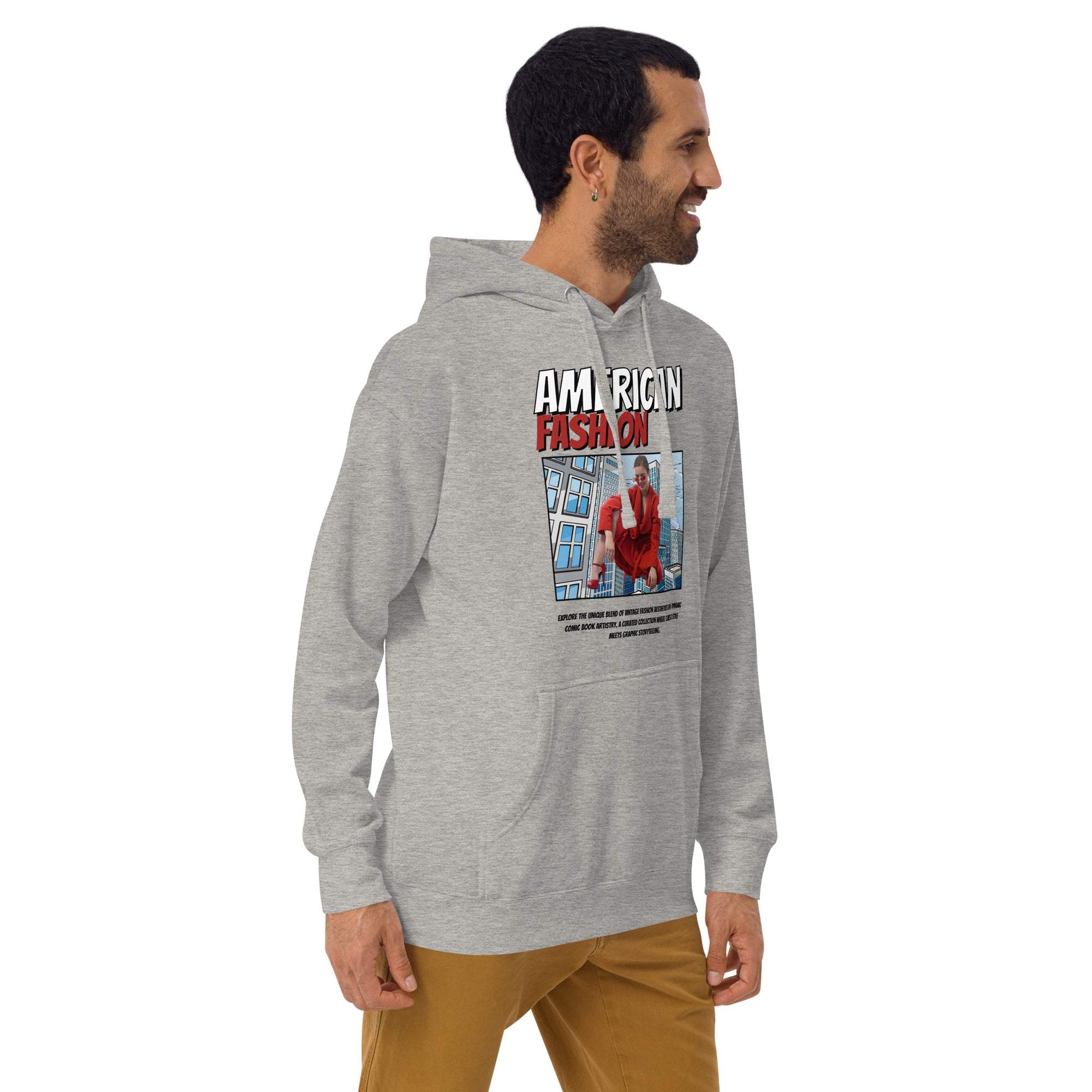 man wearing grey vintage American fashion hoodie with streetwear graphic pullover