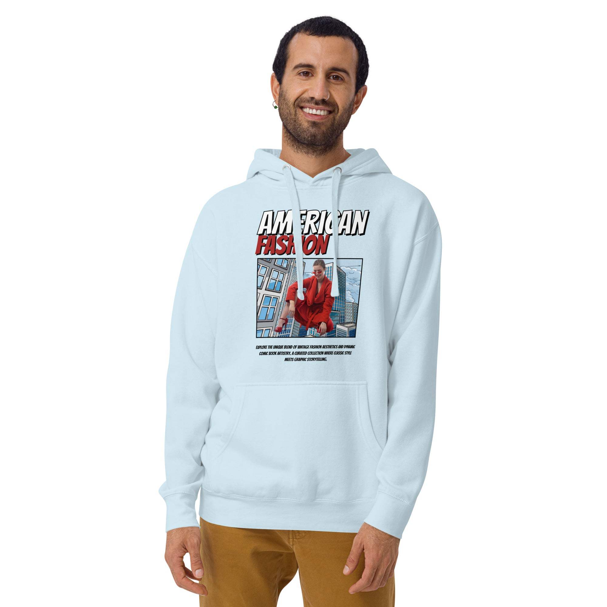 Man wearing light blue American Fashion Hoodie with urban graphic print and streetwear style
