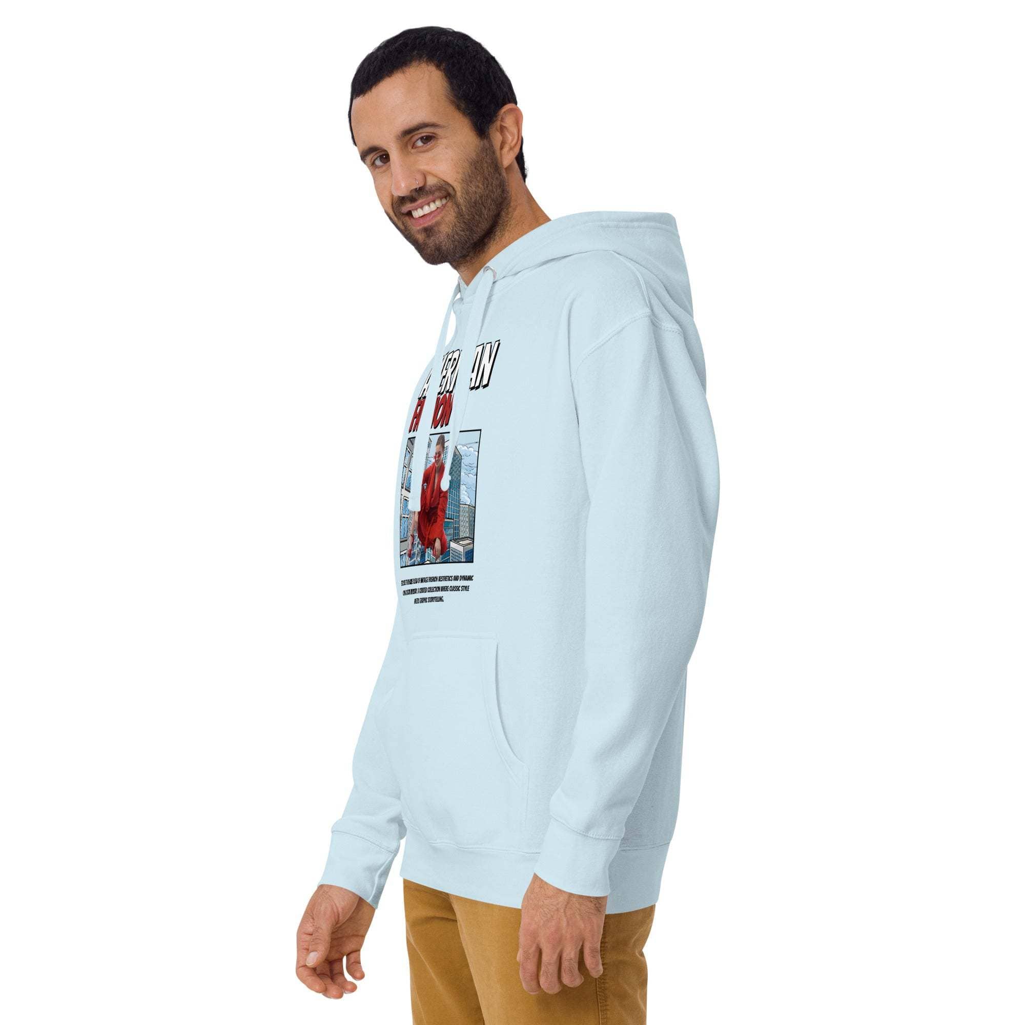 Man wearing light blue vintage American fashion hoodie with graphic print and kangaroo pocket