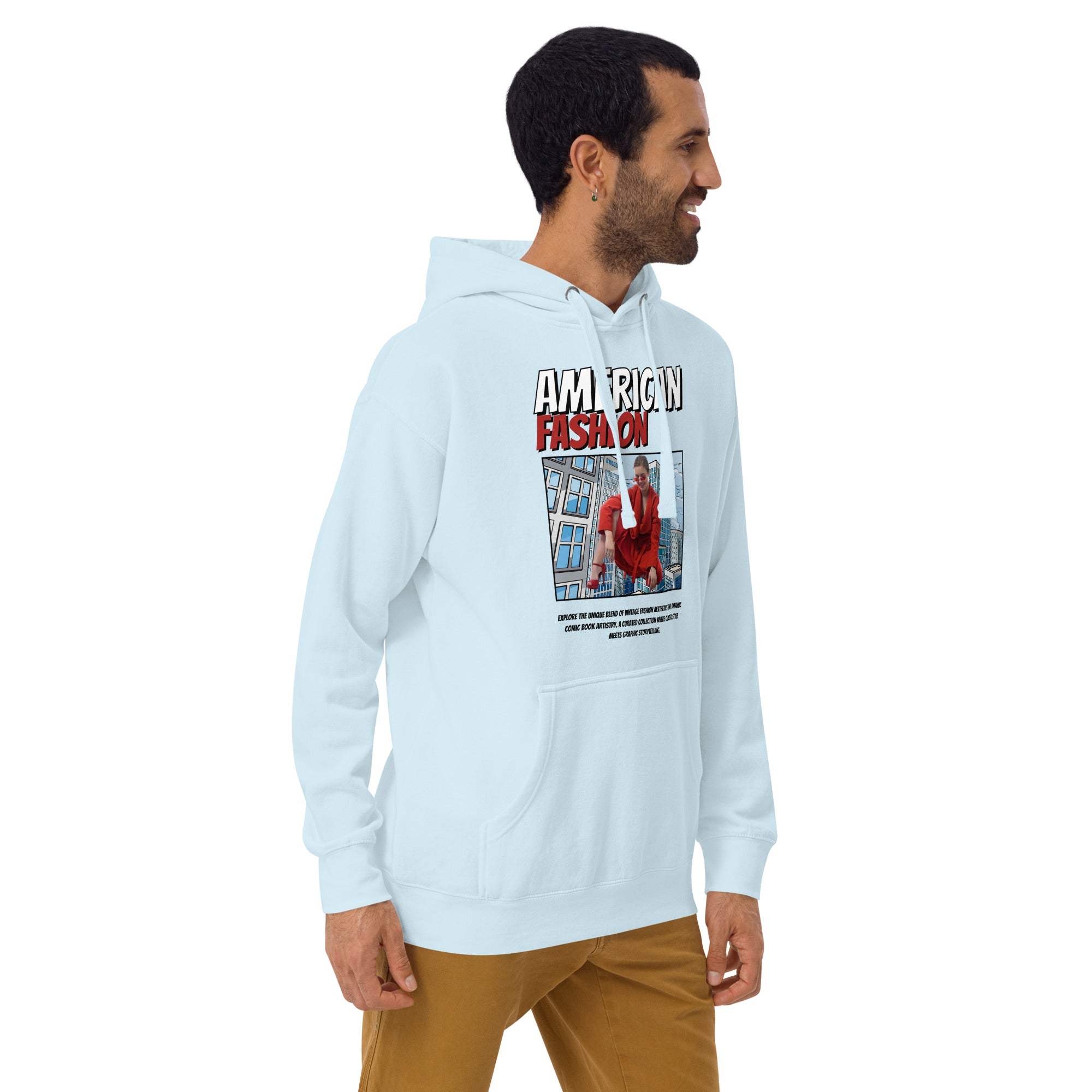 Man wearing light blue vintage American fashion hoodie with streetwear graphic print