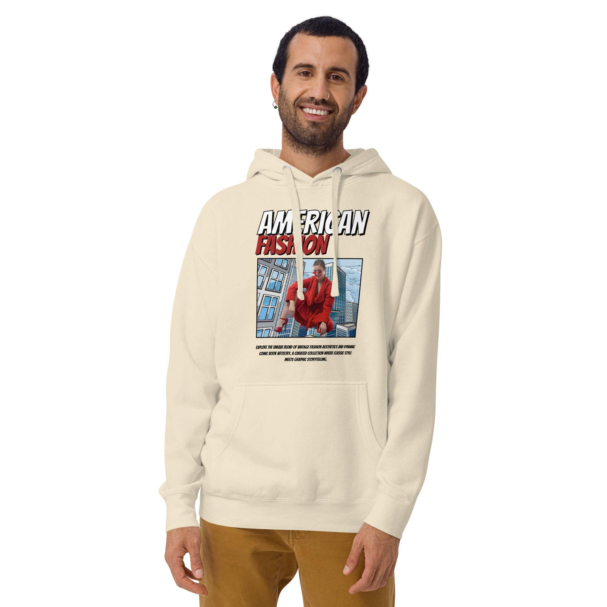 Man wearing beige American fashion hoodie with urban graphic print and streetwear design