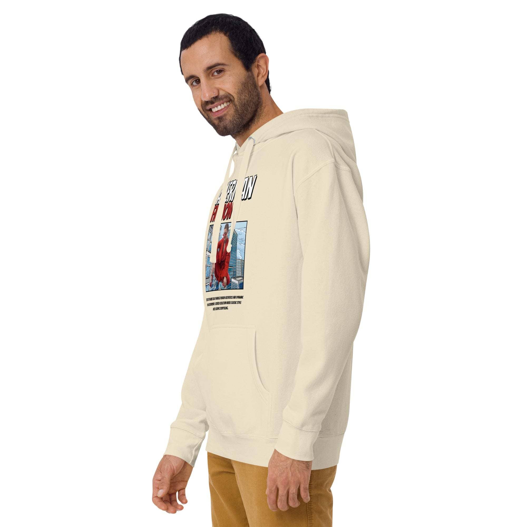 Man wearing vintage American fashion hoodie with urban graphic print and beige color in side pose