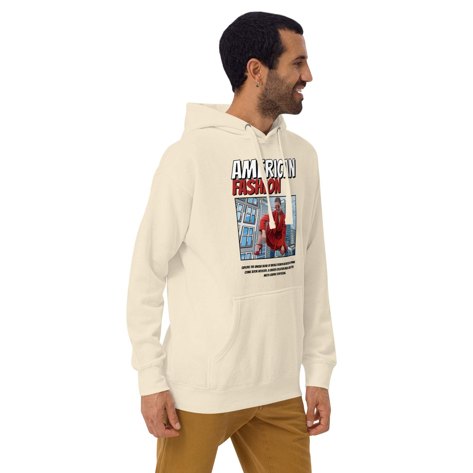 Man wearing vintage American fashion hoodie with urban graphic pullover design