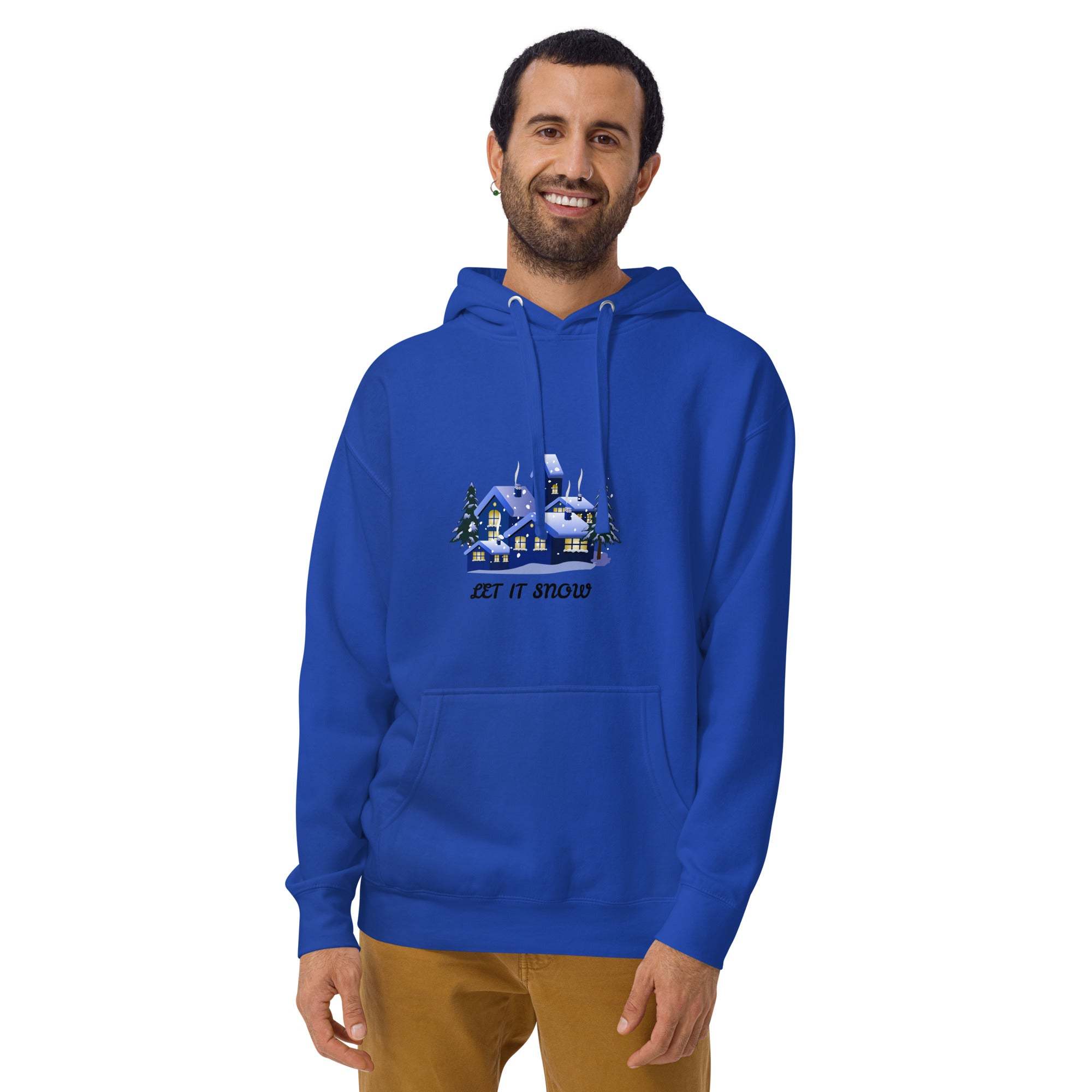 Man wearing a royal blue Let It Snow Hoodie with a snowy village print and front pocket, cozy winter apparel