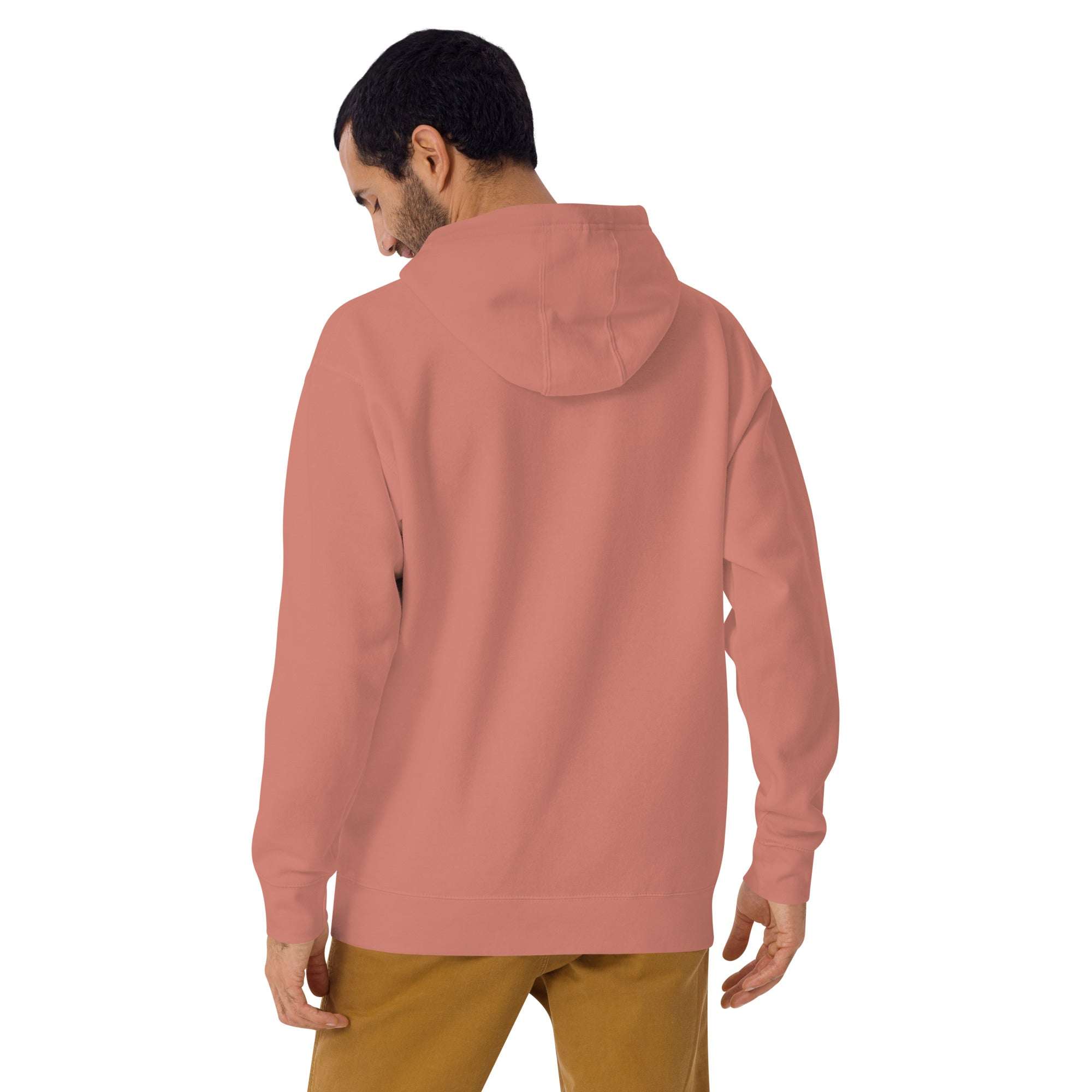 Back view of man wearing coral Let It Snow Hoodie with hood and long sleeves