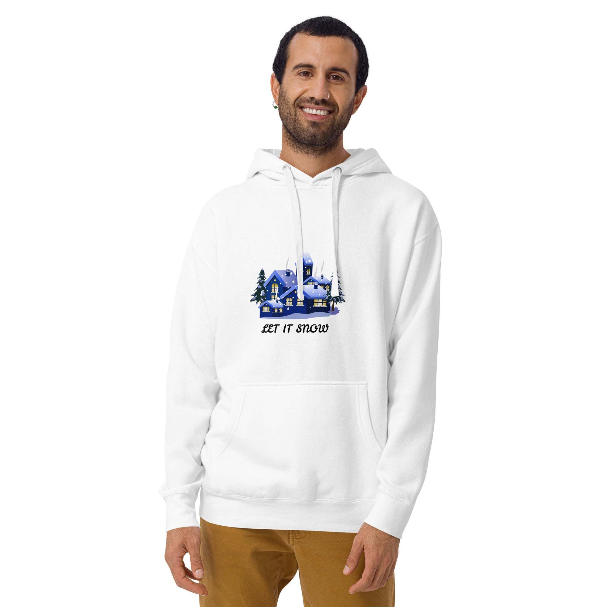 Man wearing white Let It Snow Hoodie with snowy village design and front pocket