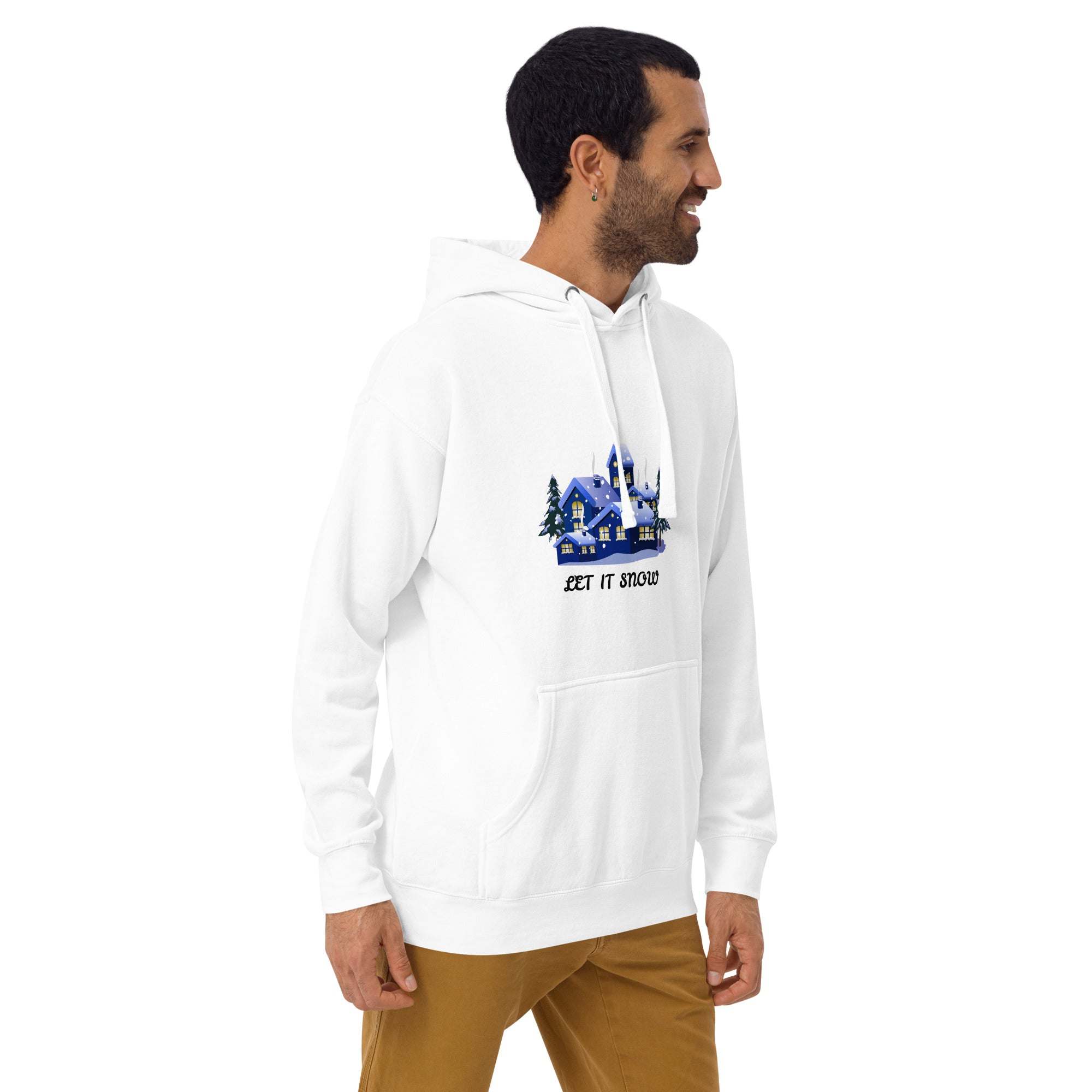 White Let It Snow Hoodie with snowy village design, unisex warm winter sweatshirt with front pocket and adjustable hood