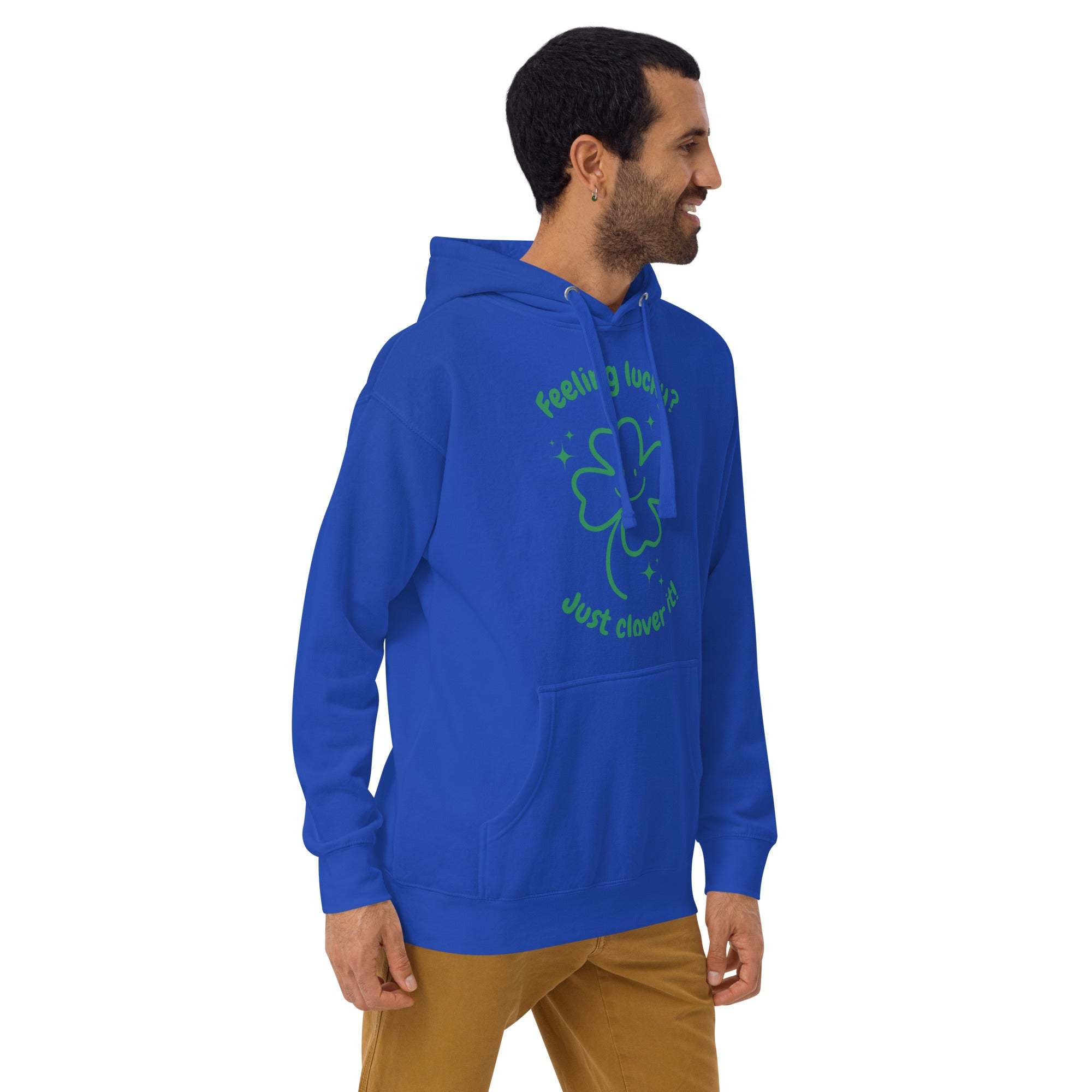 Man wearing a blue Lucky Clover Hoodie with shamrock design for St. Patrick's Day celebration