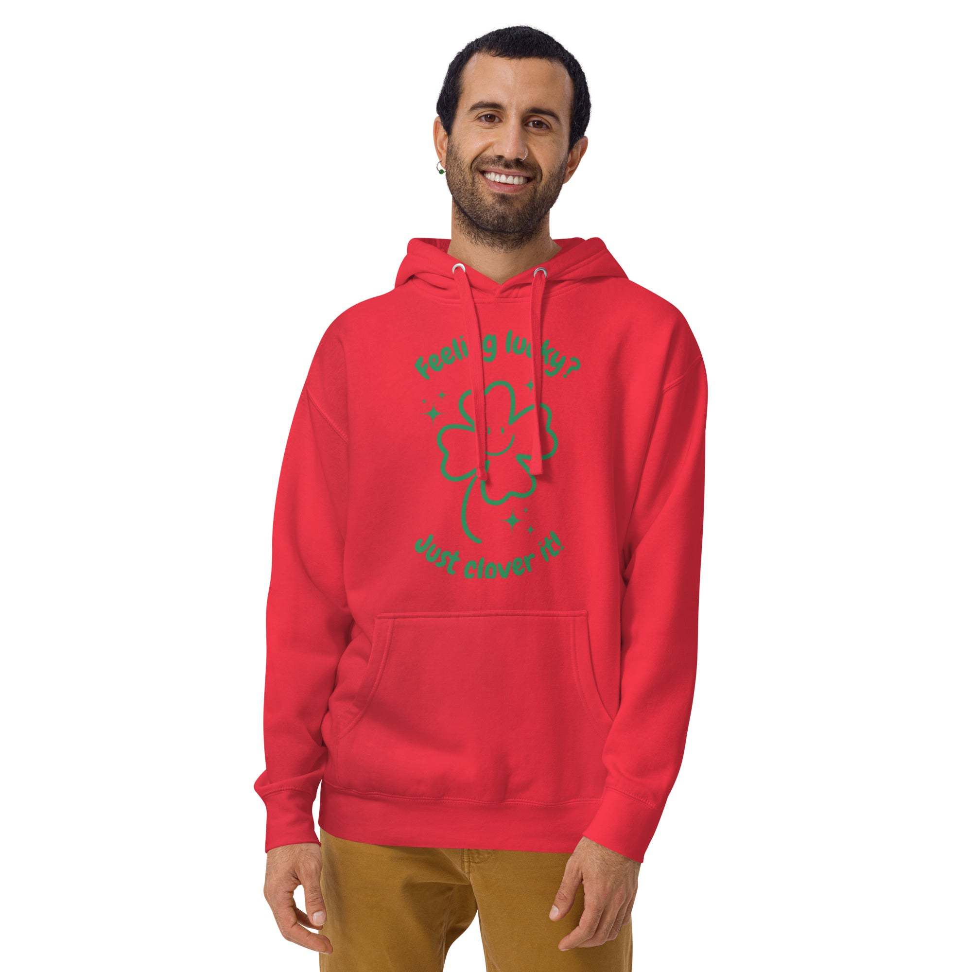 Man wearing red Lucky Clover Hoodie with green shamrock design and "Feeling lucky? Just clover it!" text