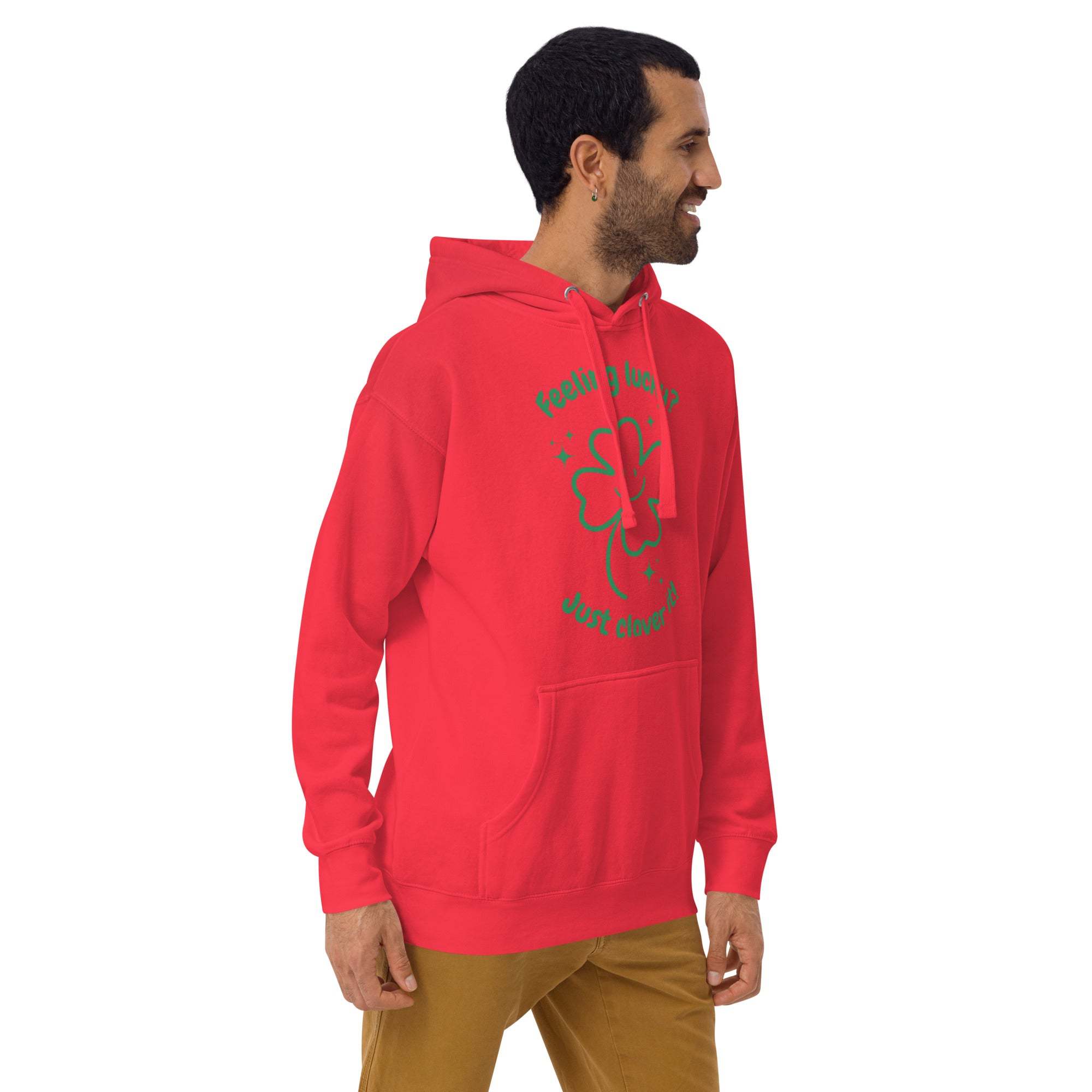 Man wearing red Lucky Clover Hoodie with shamrock design and green text, side view, casual St. Patrick's Day pullover