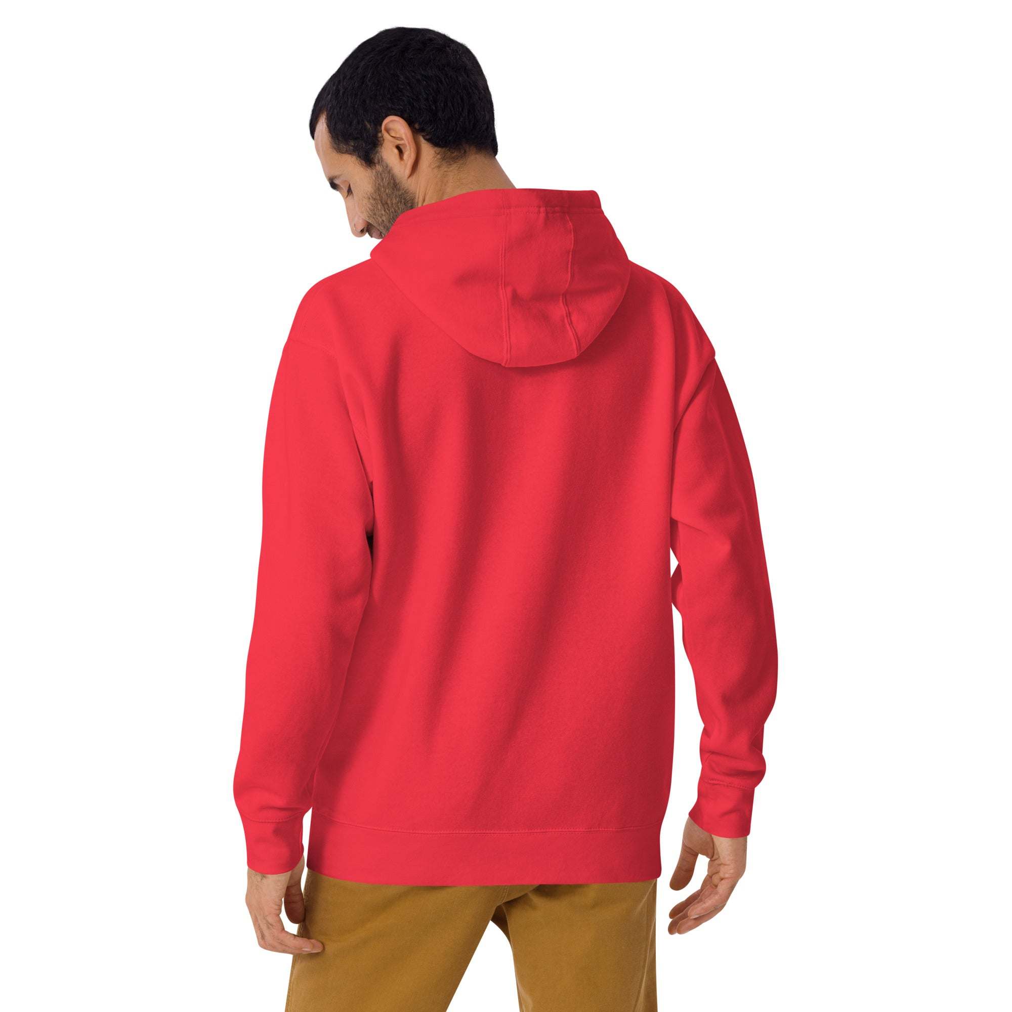 Back view of a man wearing a red Lucky Clover Hoodie St. Patrick's Day pullover with hood and long sleeves.