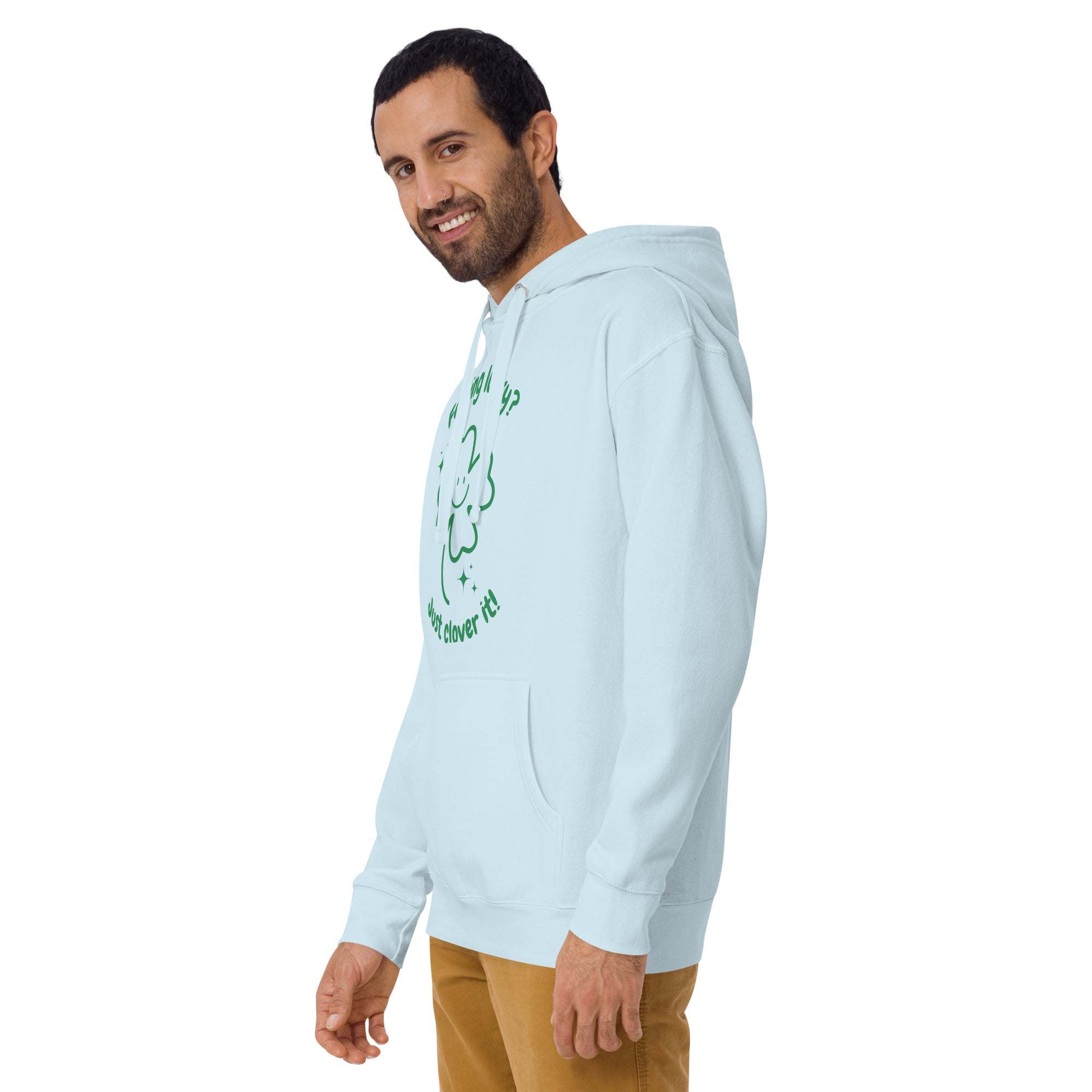 Man wearing light blue Lucky Clover Hoodie with green shamrock design, St. Patrick's Day pullover, unisex comfortable fit