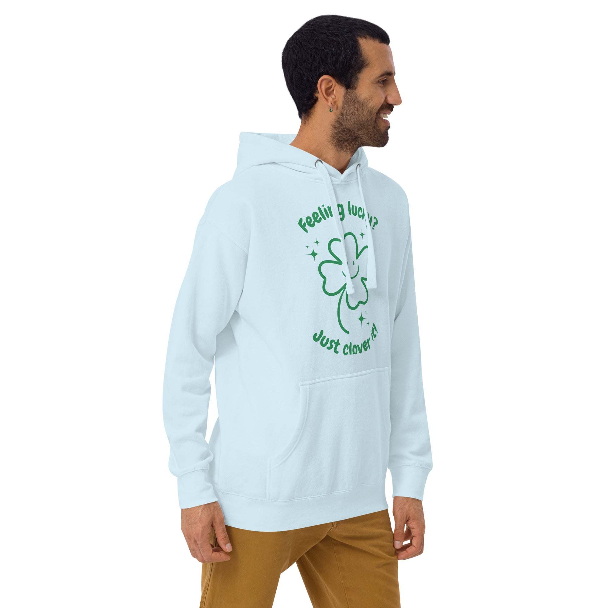 man wearing light blue Lucky Clover Hoodie with shamrock design and green text on St. Patrick's Day
