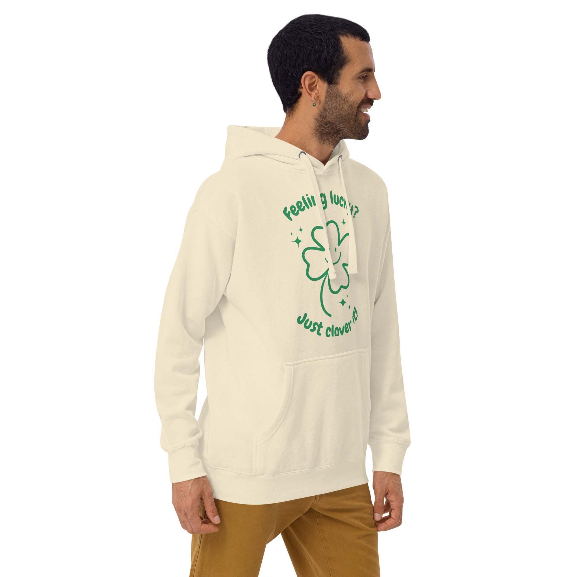 Man wearing beige Lucky Clover Hoodie with green shamrock design, St. Patrick’s Day pullover sweatshirt