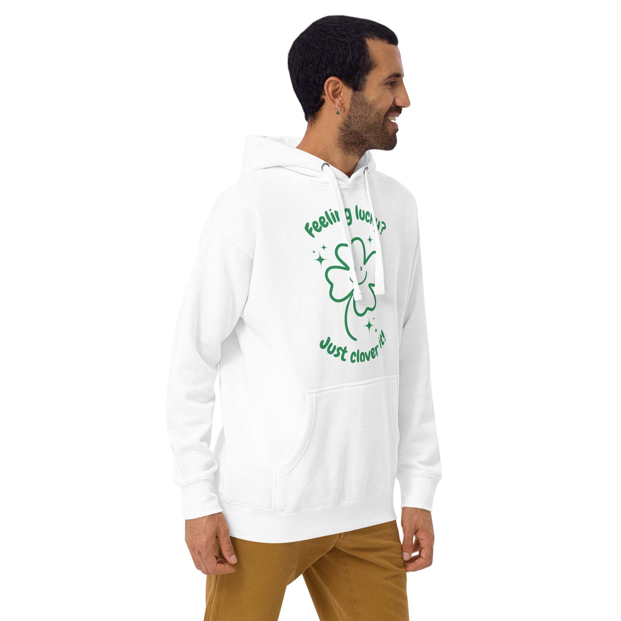 Man wearing white Lucky Clover Hoodie with green shamrock design and text for St. Patrick's Day celebration