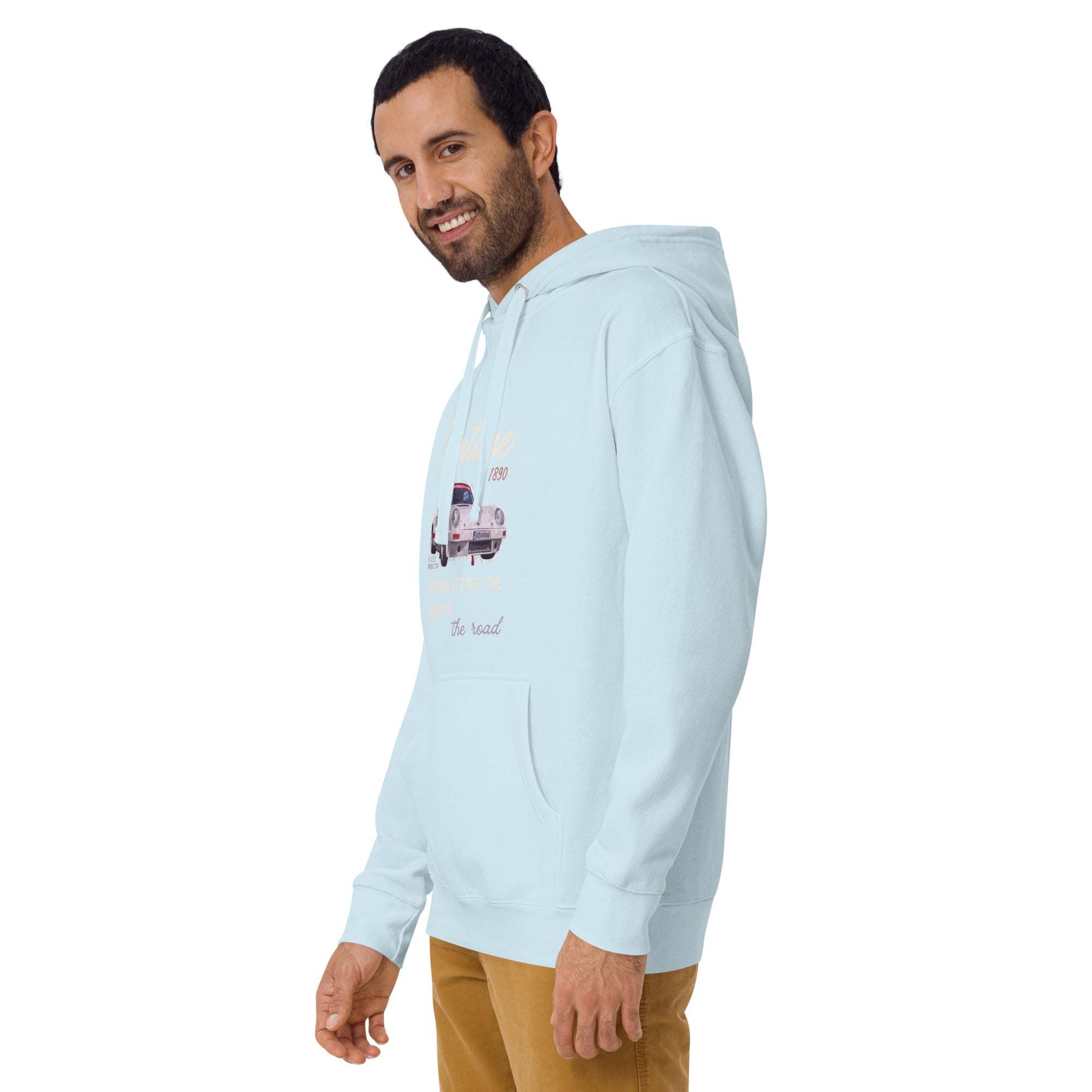 Man wearing light blue vintage car hoodie with graphic print and kangaroo pocket