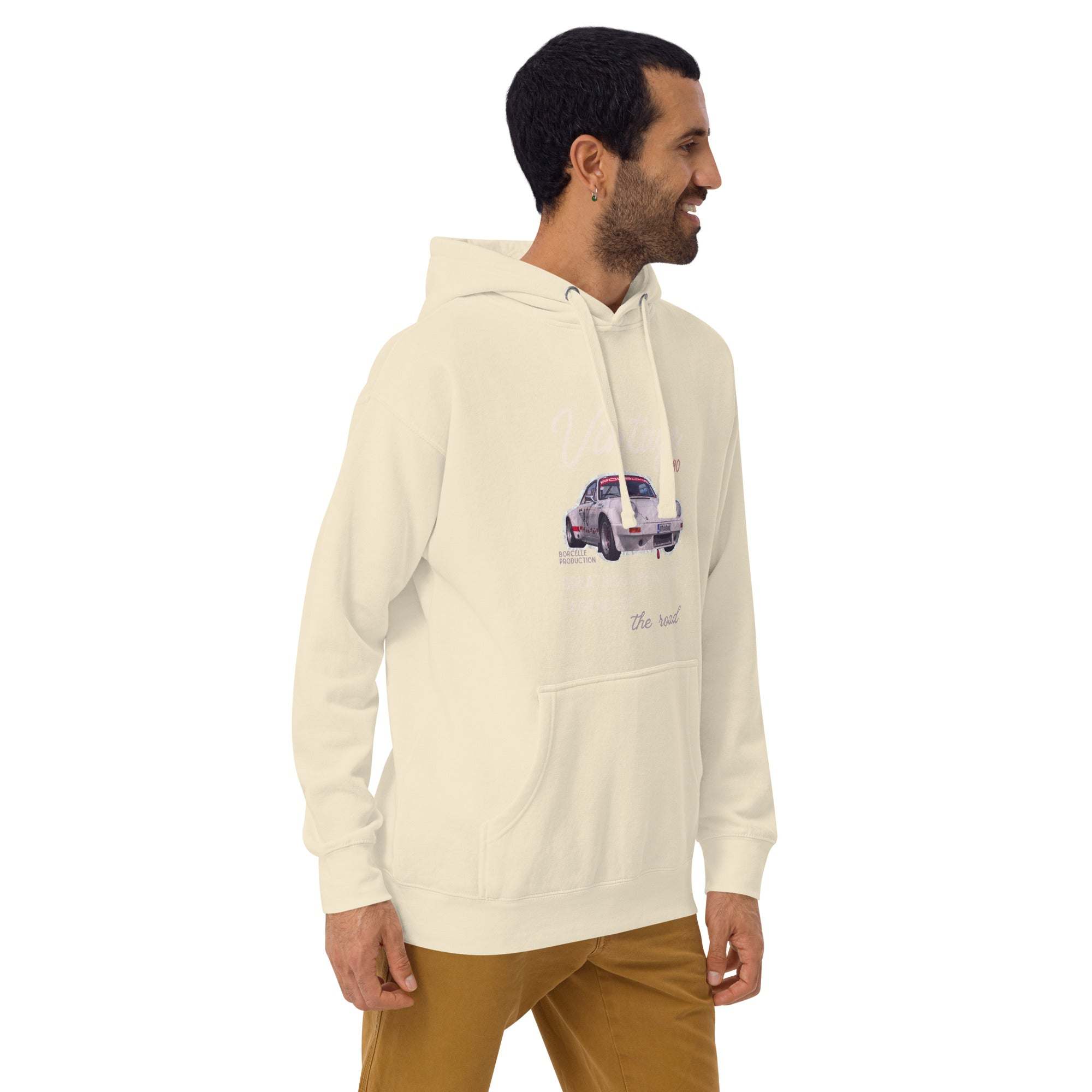 Man wearing cream Vintage Car Hoodie with classic car graphic and front pocket