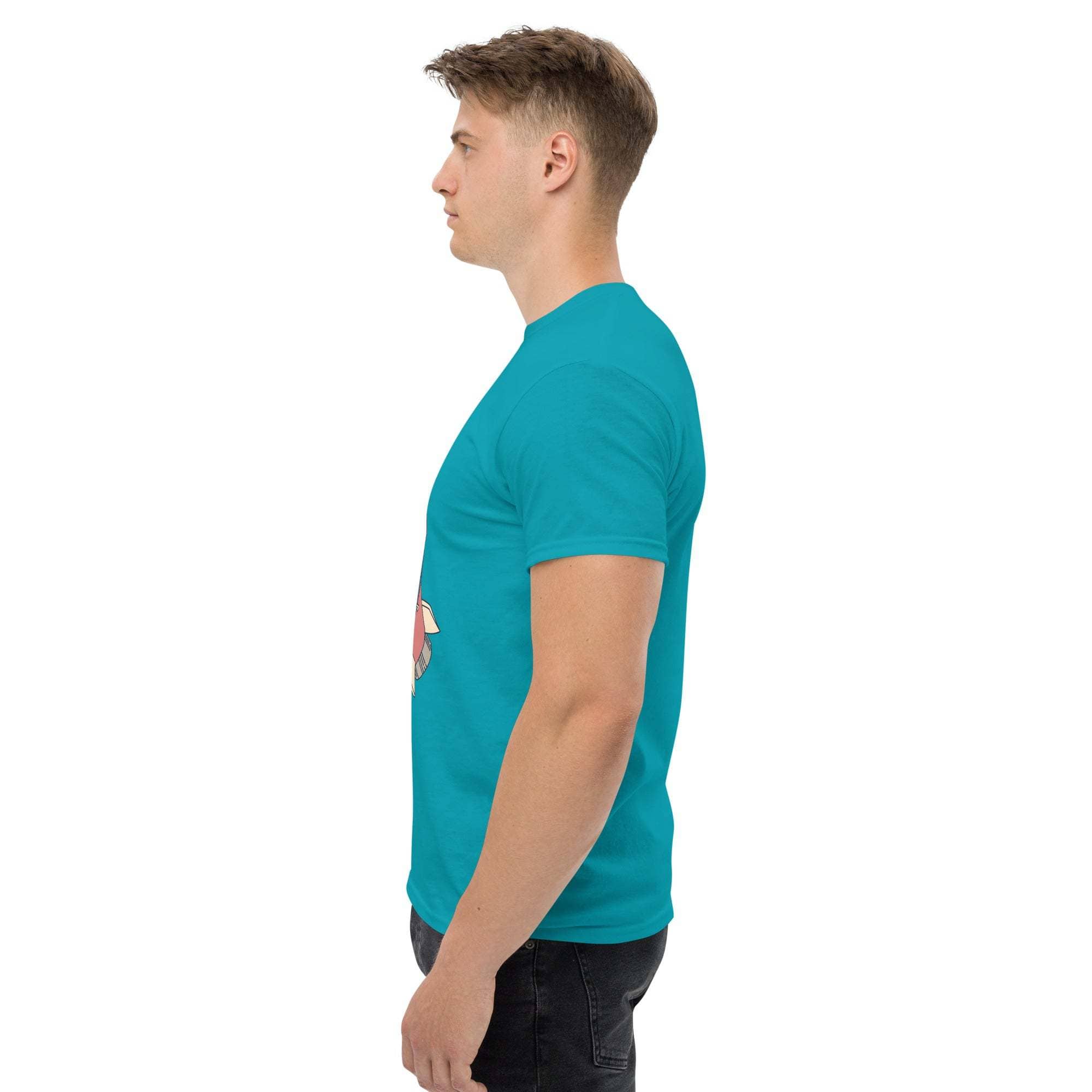 Side view of a man wearing a turquoise Rocket Ride T-Shirt with retro cartoon space adventure design