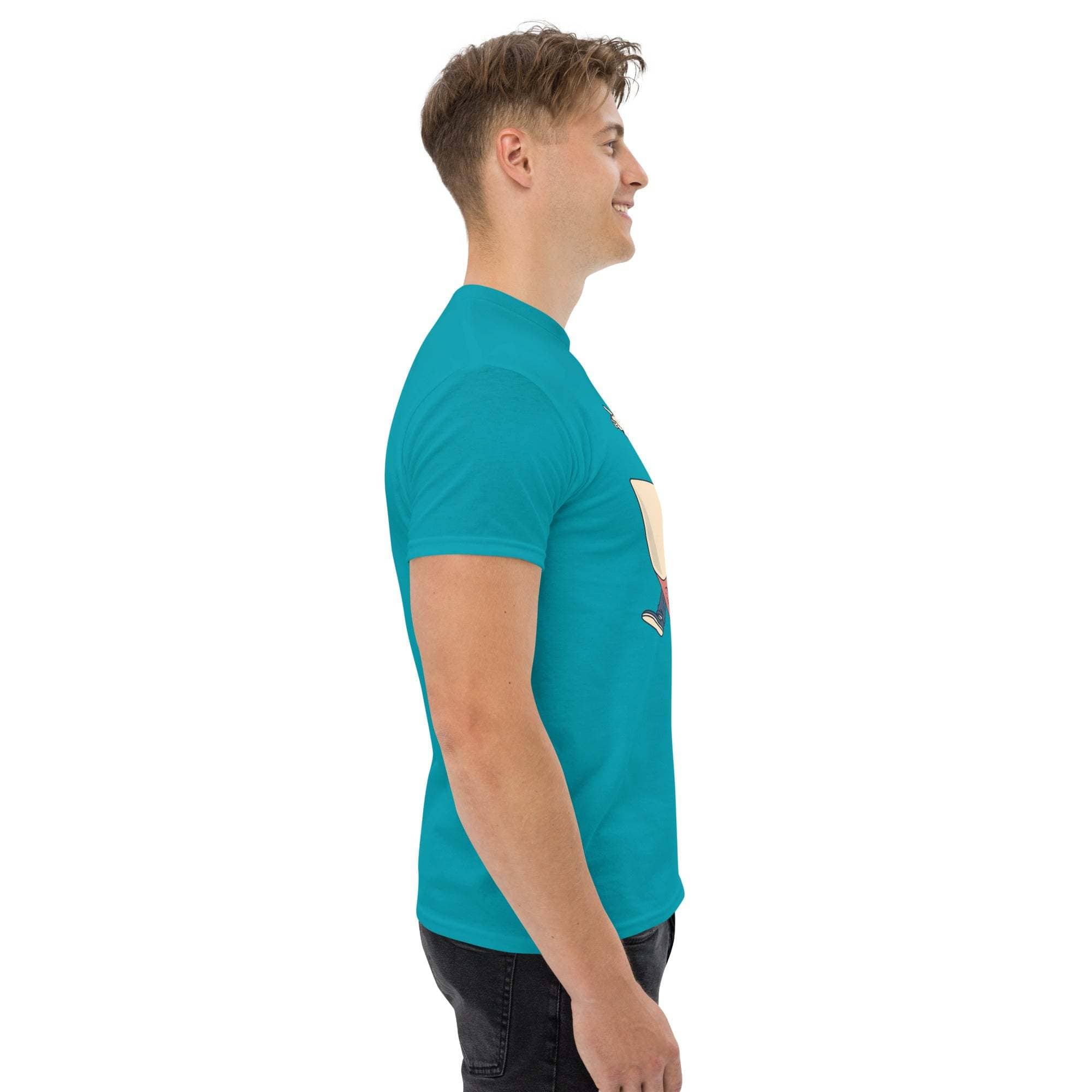 Side view of a man wearing a turquoise Rocket Ride T-Shirt with a retro cartoon space adventure design