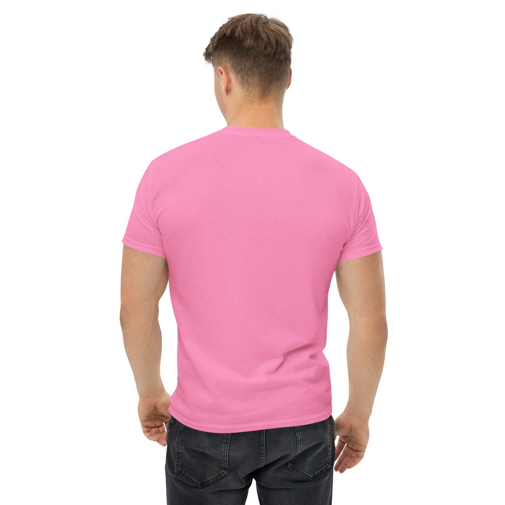 Back view of man wearing plain pink Rocket Ride T-Shirt with unisex fit and short sleeves