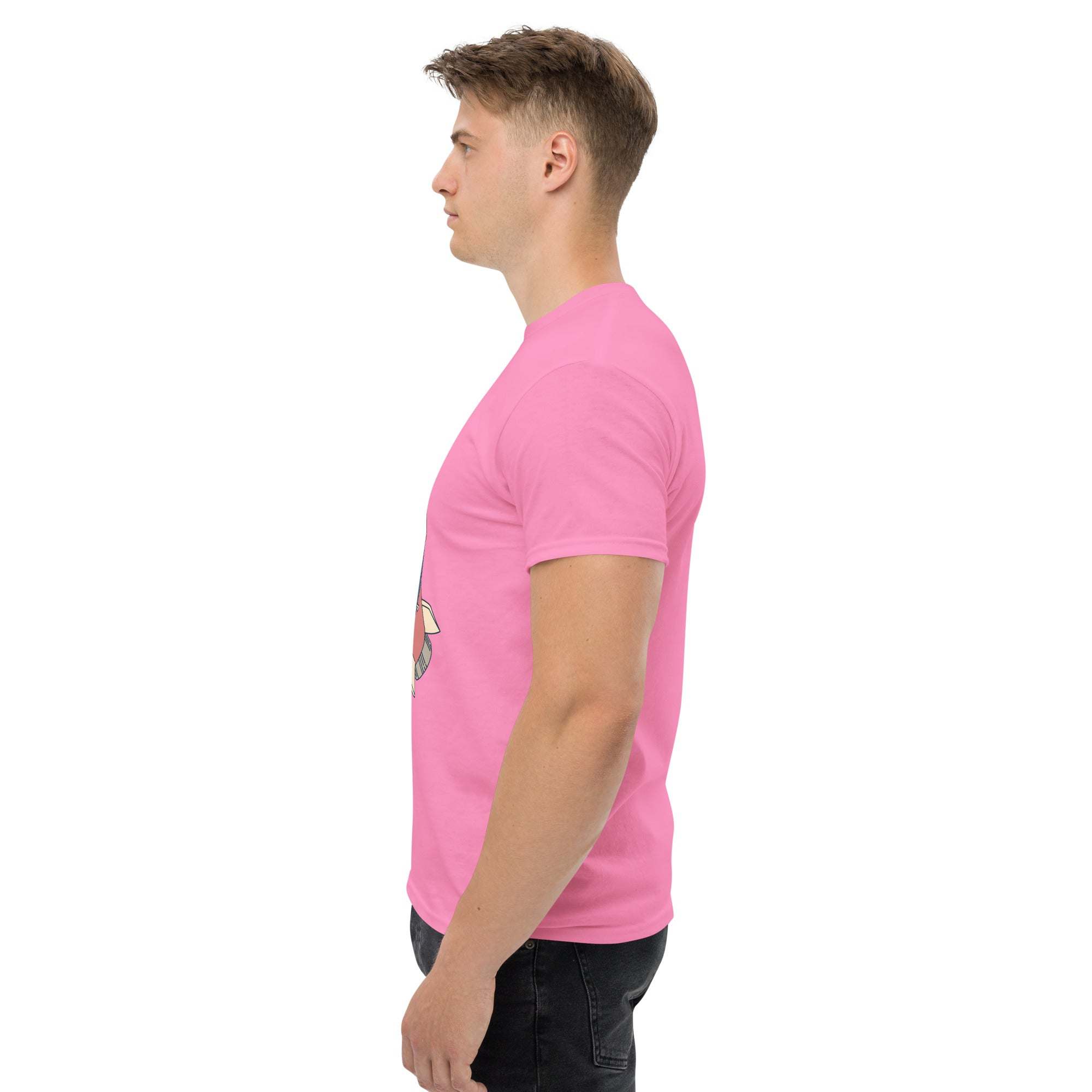 male model wearing pink Rocket Ride T-Shirt with retro cartoon astronaut graphic side view