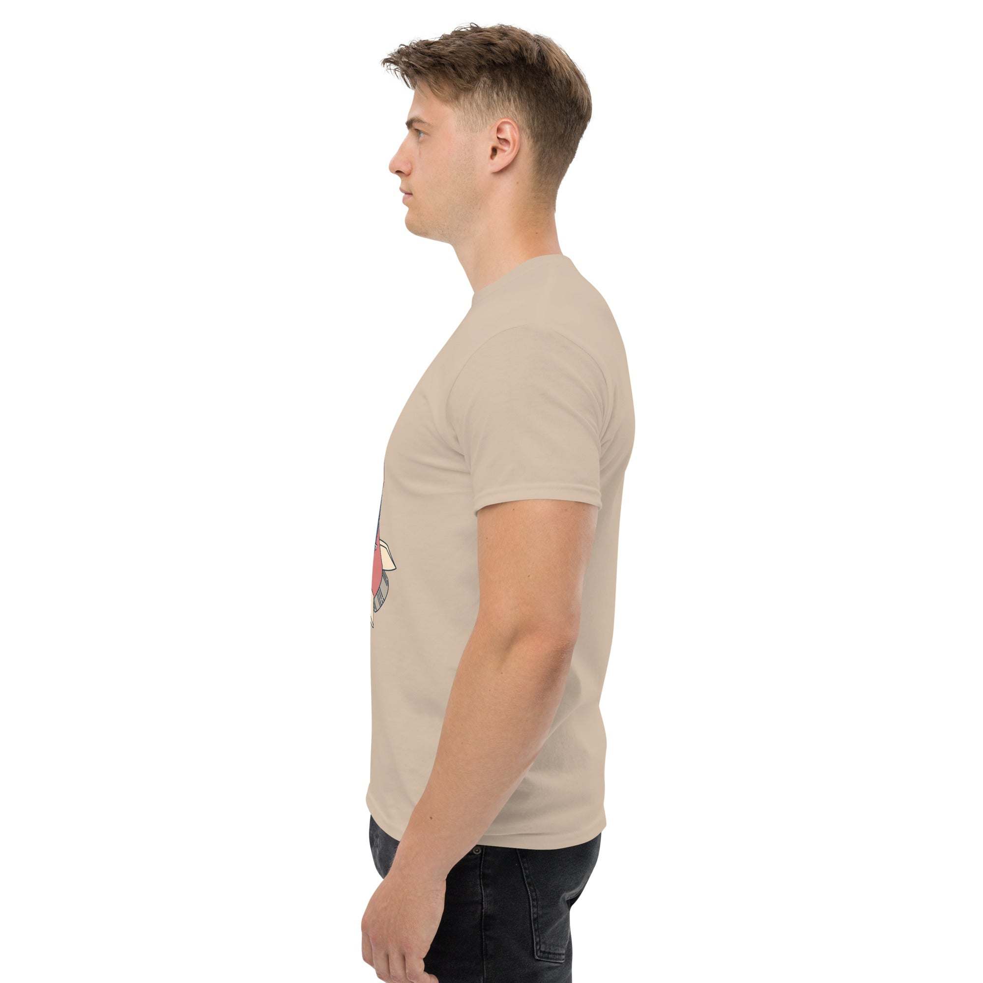 Side view of man wearing beige Rocket Ride T-Shirt with retro space adventure graphic and unisex fit