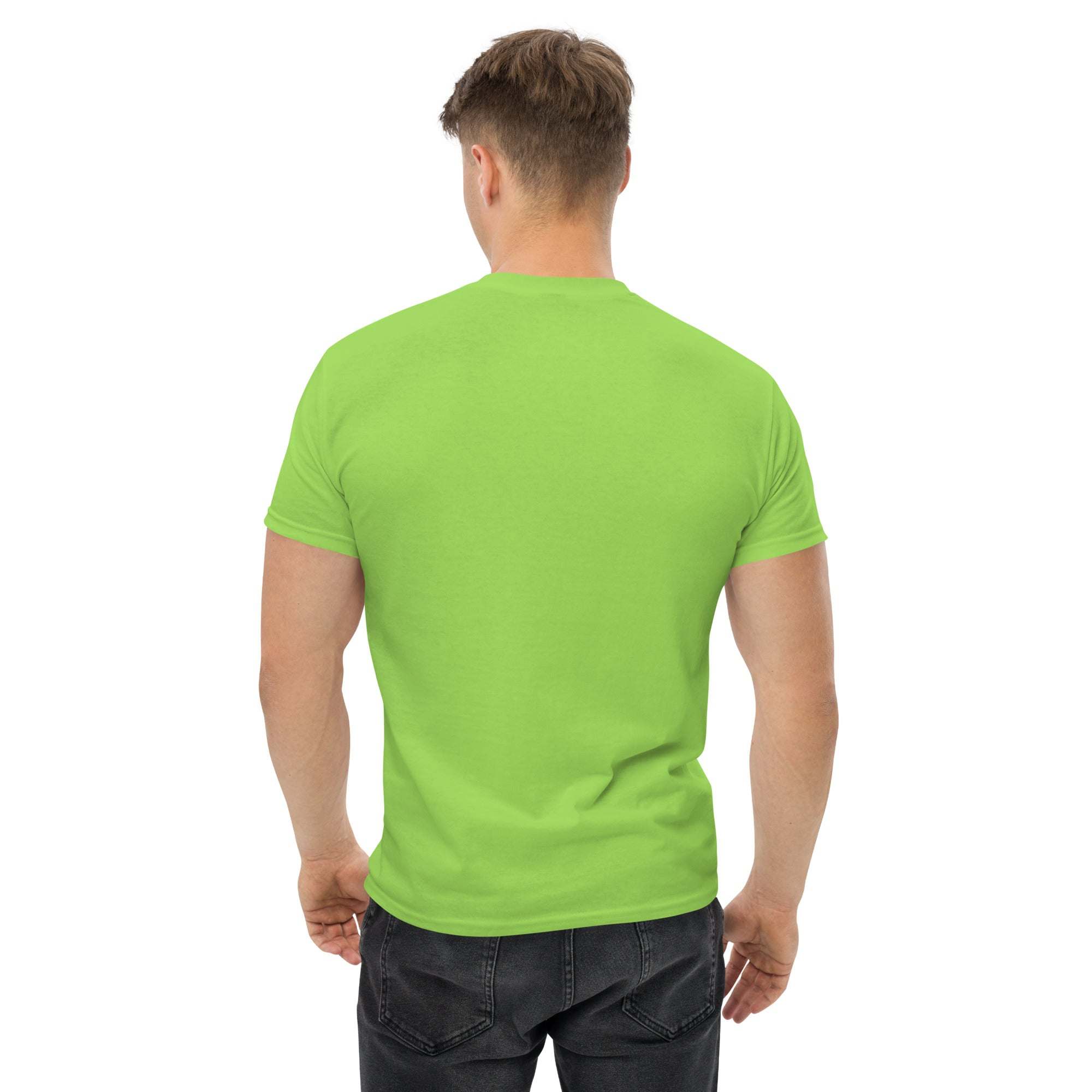 Back view of man wearing bright green Rocket Ride T-Shirt with unisex fit and short sleeves