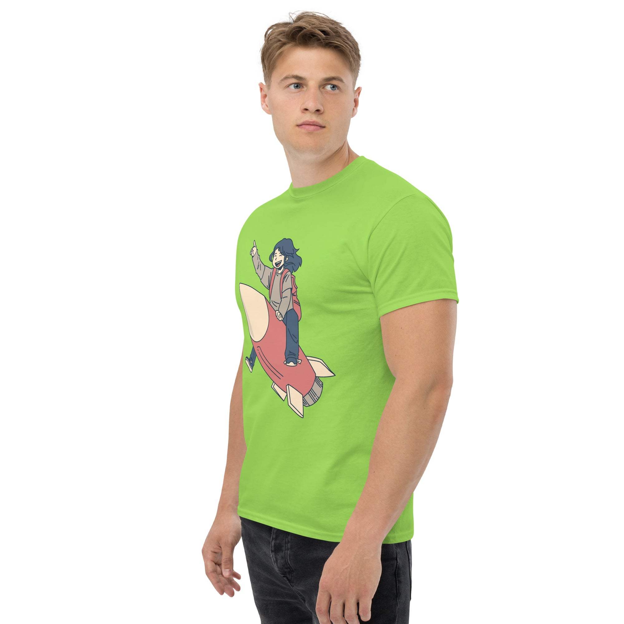 Green Rocket Ride T-Shirt with retro sci-fi anime rocket graphic worn by male model