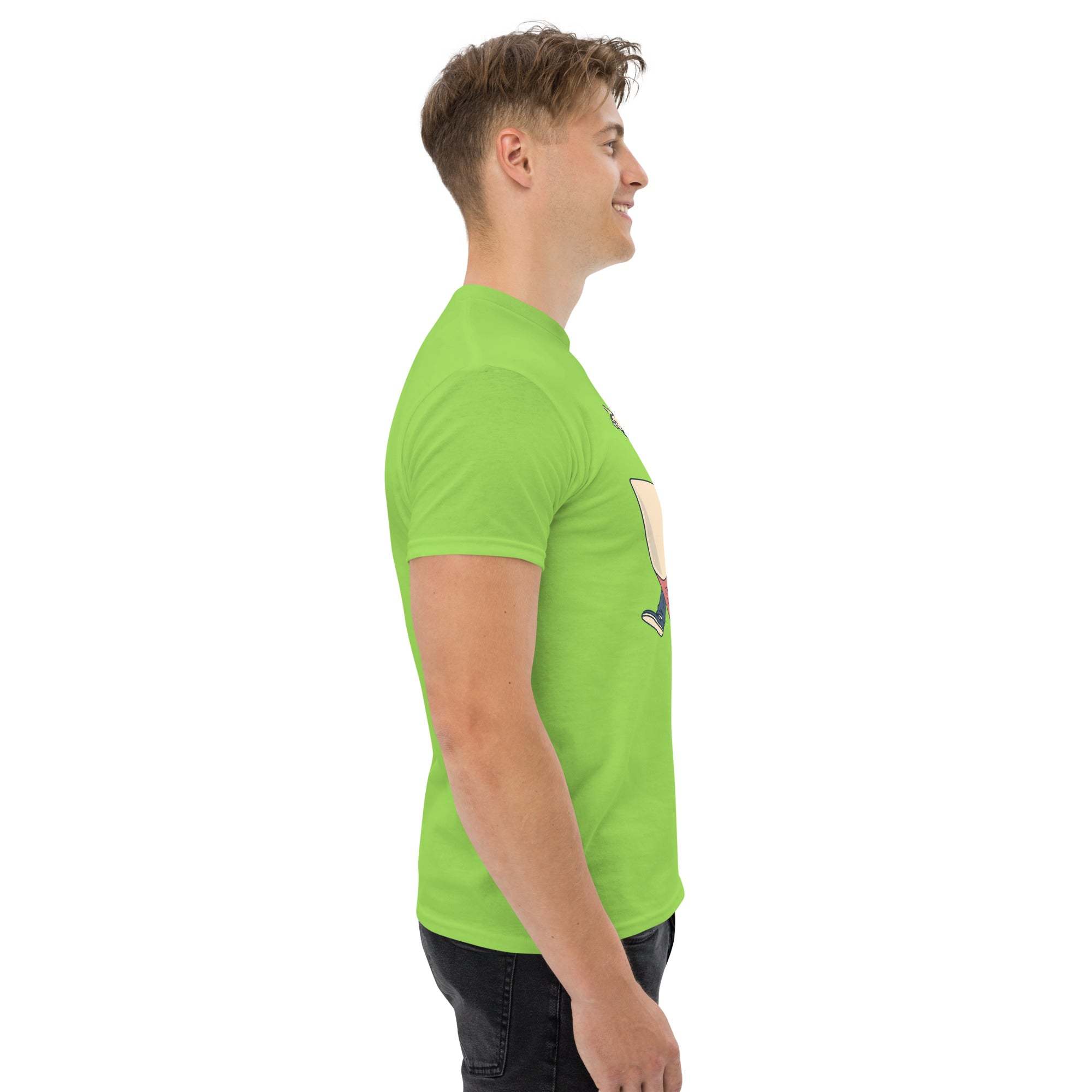 Man wearing bright green Rocket Ride T-Shirt with retro cartoon space graphic, side view