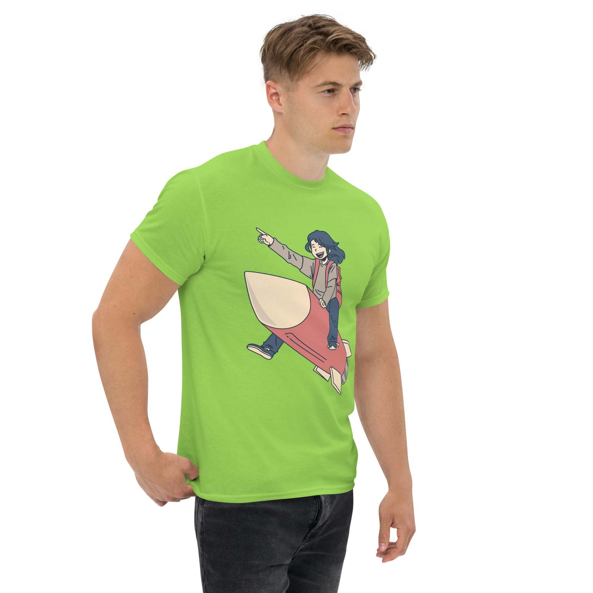 Man wearing green Rocket Ride T-Shirt with retro cartoon of a girl riding a red rocket on front