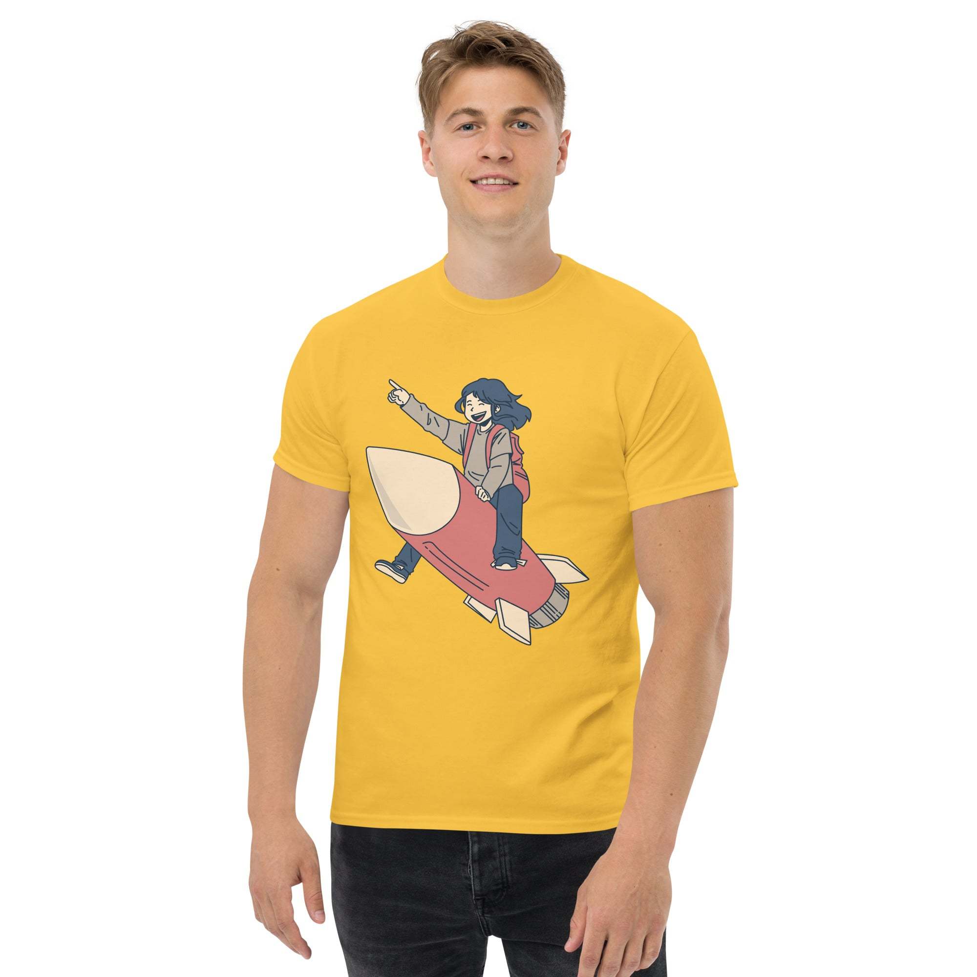 Man wearing yellow Rocket Ride T-Shirt with retro cartoon girl riding a red rocket graphic