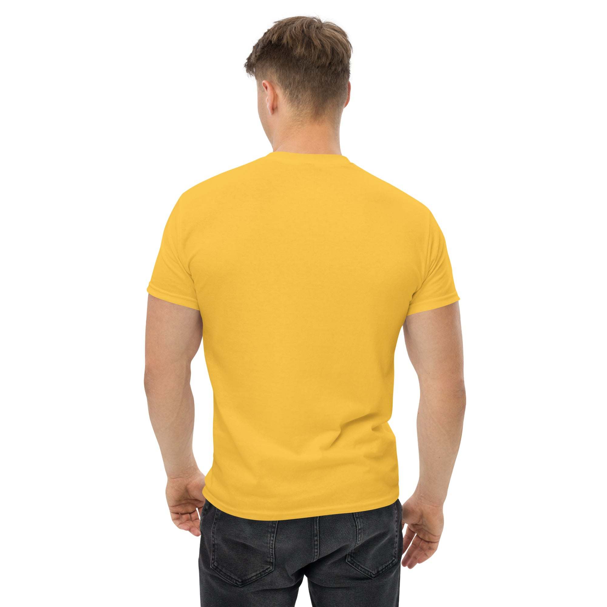 Back view of man wearing solid yellow Rocket Ride T-Shirt with unisex fit and short sleeves